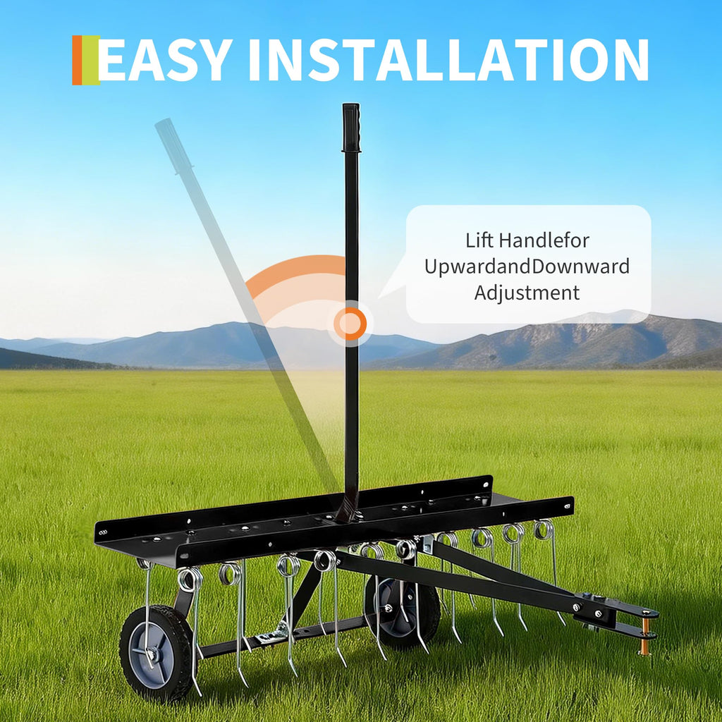 Garvee Tow Behind Lawn Rake 48-Inch Dethatcher with 24 Spring Steel Tines Heavy-Duty Steel Frame Adjustable Weight Tray for ATV Mower Garden Farm