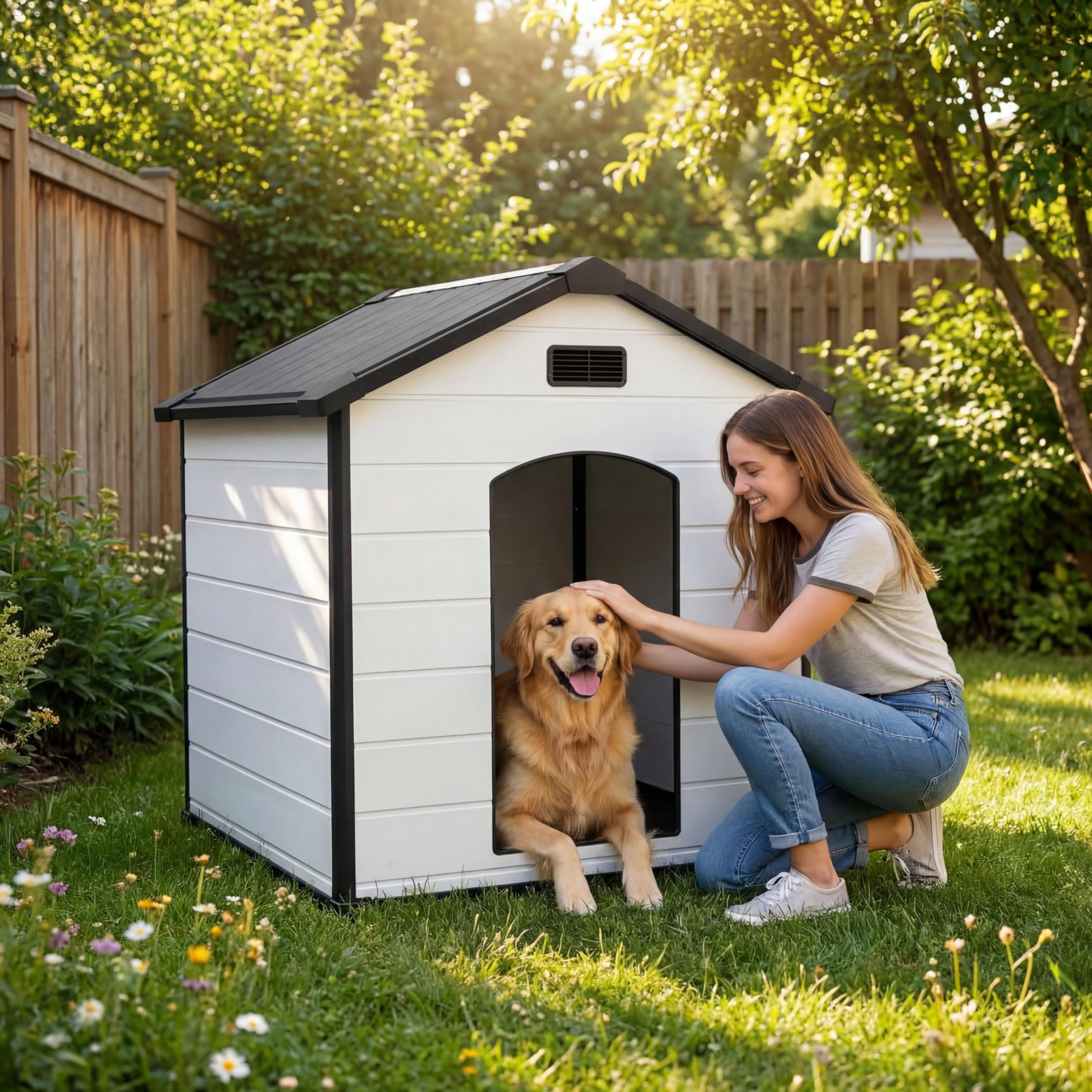 Garvee XLarge Dog House Indoor Outdoor Waterproof, 57" Heavy Duty Plastic Large Breed Dog Kennel with Raised Floor, Removable Roof & Air Vent for Small to XL Dogs, Easy Assembly