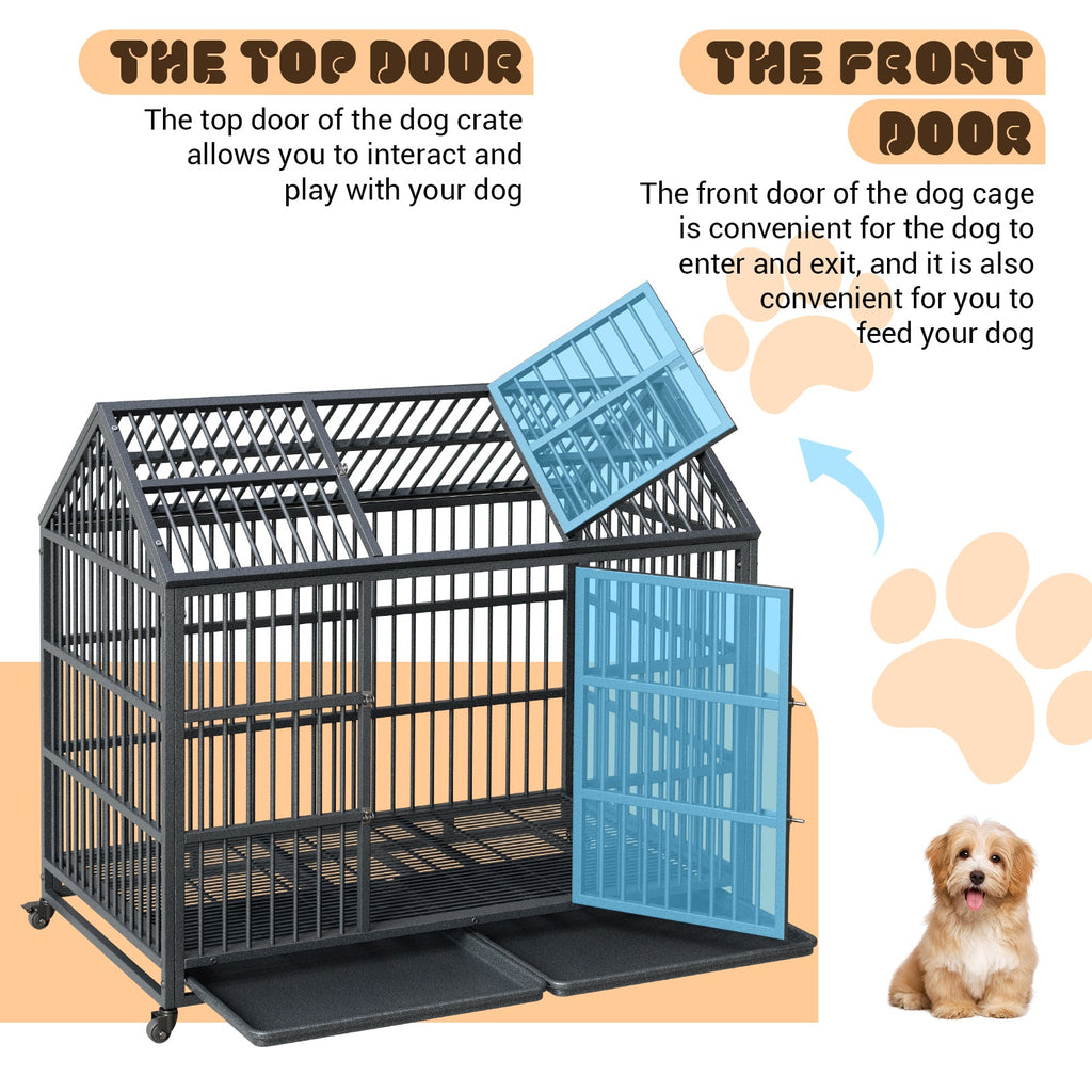 Garvee 52-Inch Escape-Proof Dog Crate, Indestructible Steel Dog Kennel with Locking Wheels, Anxiety Relief Pet Cage for Medium/Large Dogs, Indoor/Outdoor Use