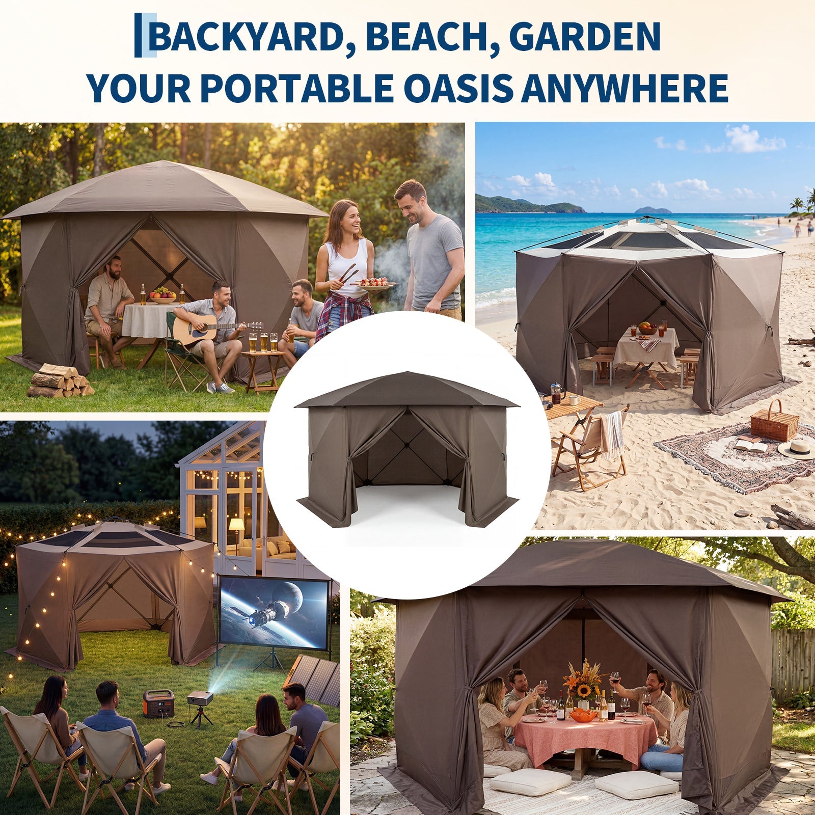 Garvee Screened Gazebo Tent for 8–10 People, 13 × 13 FT 6-Sided Mosquito-Proof Canopy with Wind Panels and Carry Bag, Khaki and Beige