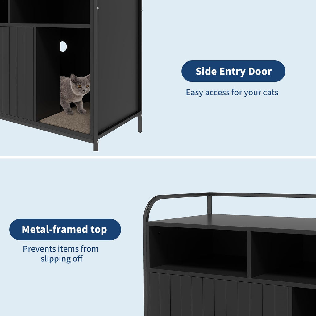 Garvee Cat Litter Box Enclosure, Wooden Cat Washroom Furniture with Barn Door, Storage Shelf and Top Display Shelf, Hidden Litter Box Cover, Dog Proof Feline Litter Boxes, Kitty House, Fits Most Litter Boxes, Black