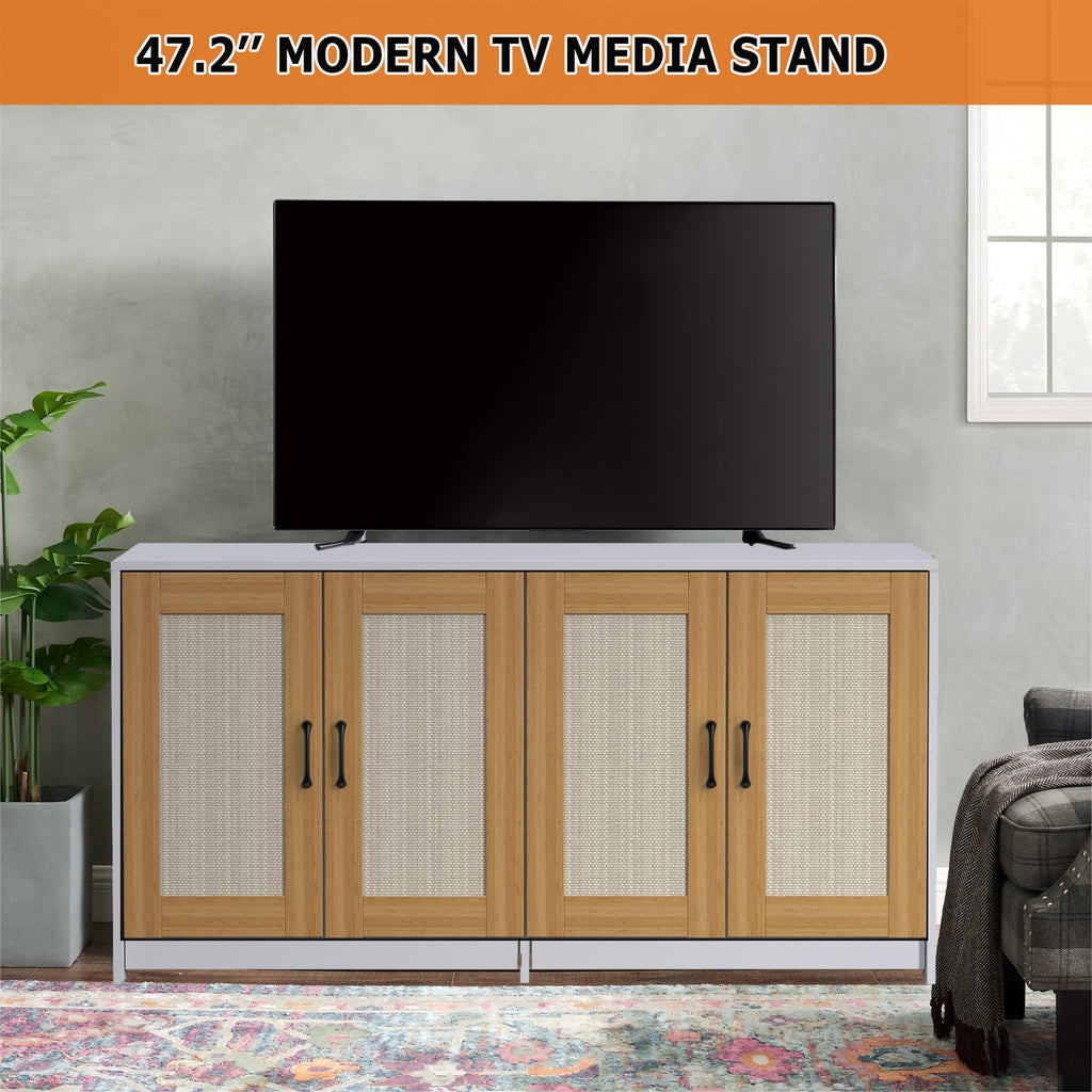 Garvee 47'' Cat Litter Box Enclosure for 2 Litter Boxes with 4 Sisal Doors, Hidden Litterbox Enclosure with Double Room, Wooden Sideboard TV Stand White