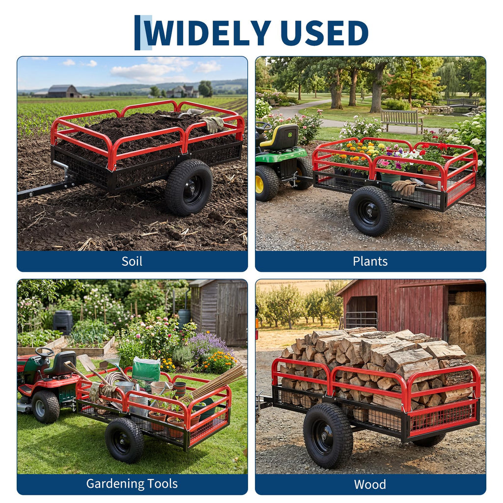 Garvee Dump Cart, 1500 lb Steel Garden Utility Wagon, True 15 Cu Ft Tow Behind ATV, UTV & Lawn Mower, Quick Release Dump, Removable Sides, Pneumatic Tires