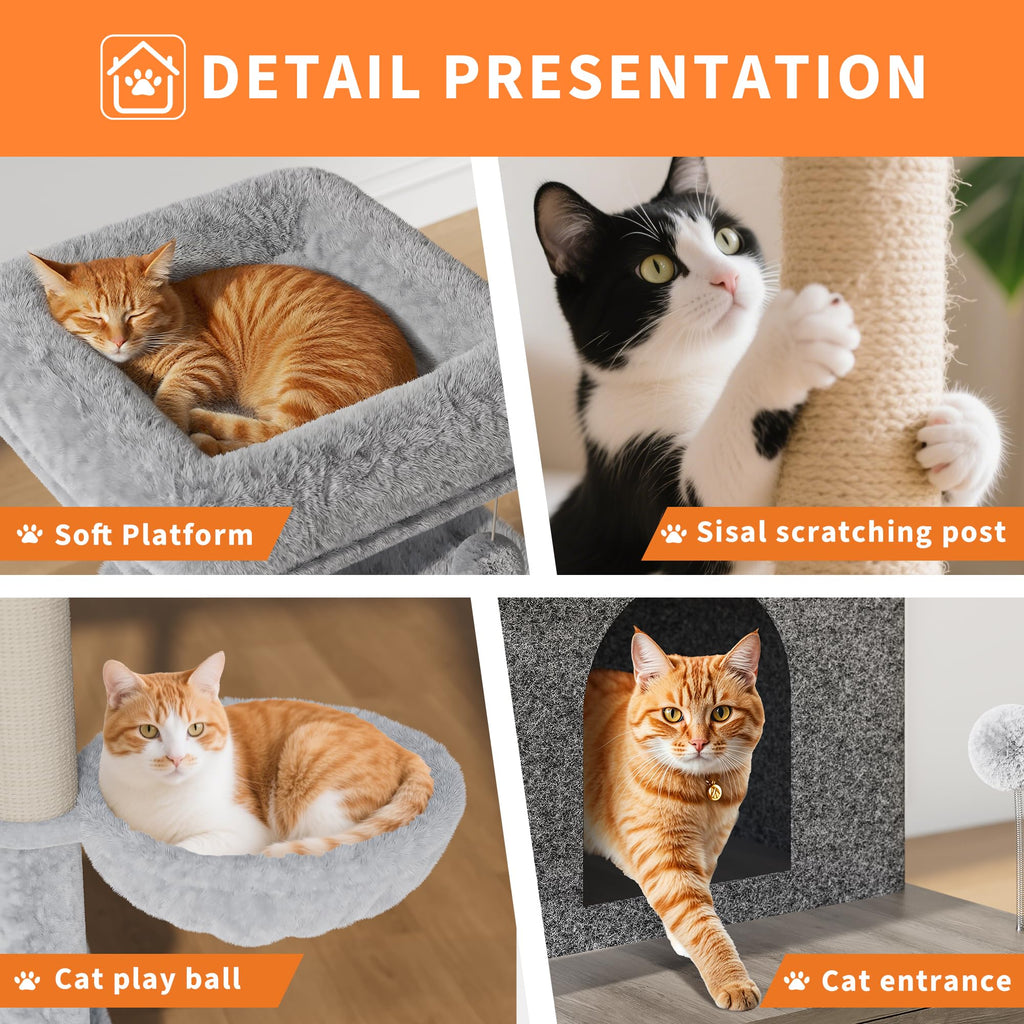 Garvee Litter Box Enclosure with Cat Tree, 2-In-1 Modern Cat Tower, Hidden Washroom Furniture, Wood Cat Condo with Scratching Post and Hammock, Indoor Pet Furniture with Multiple Platform, Gray