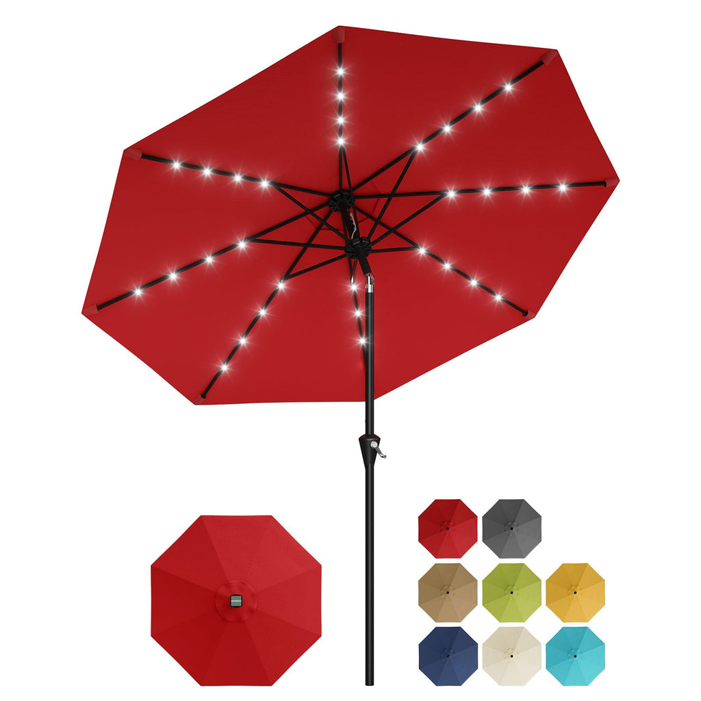 Garvee 9FT Solar LED Patio Umbrella, Waterproof Outdoor Market Table Umbrella with 8 Ribs, Crank Lift, Push Button Tilt, UV Protection for Garden, Pool & Deck, Red