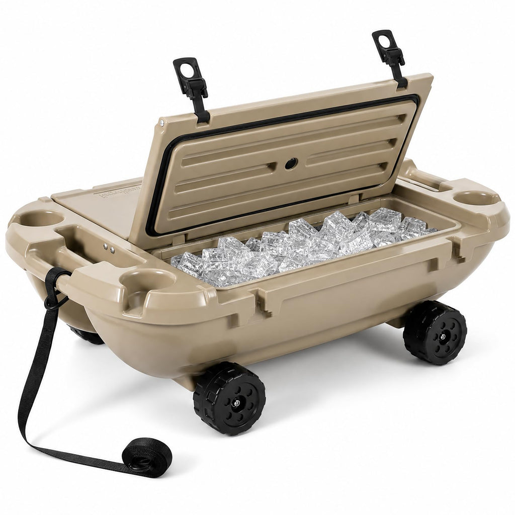 Garvee 40L Floating Cooler with Wheels, 42.5QT Rotomolded All-Terrain Ice Chest with Tow Rope & 4 Cup Holders, Drift Mobile Beverage Cooler for River, Pool, Beach, Kayak, Cool Gray,  Khaki