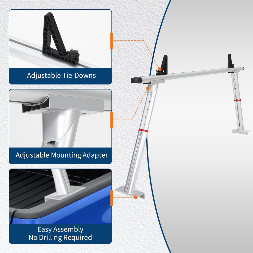 Garvee Adjustable Aluminum Truck Rack 35.4–71", 800 lbs Capacity Two-Bar Ladder Rack with 8 No-Drill C-Clamps, Heavy-Duty Pickup Bed Support for Kayak, Surfboard, Lumber & Ladders - Silver