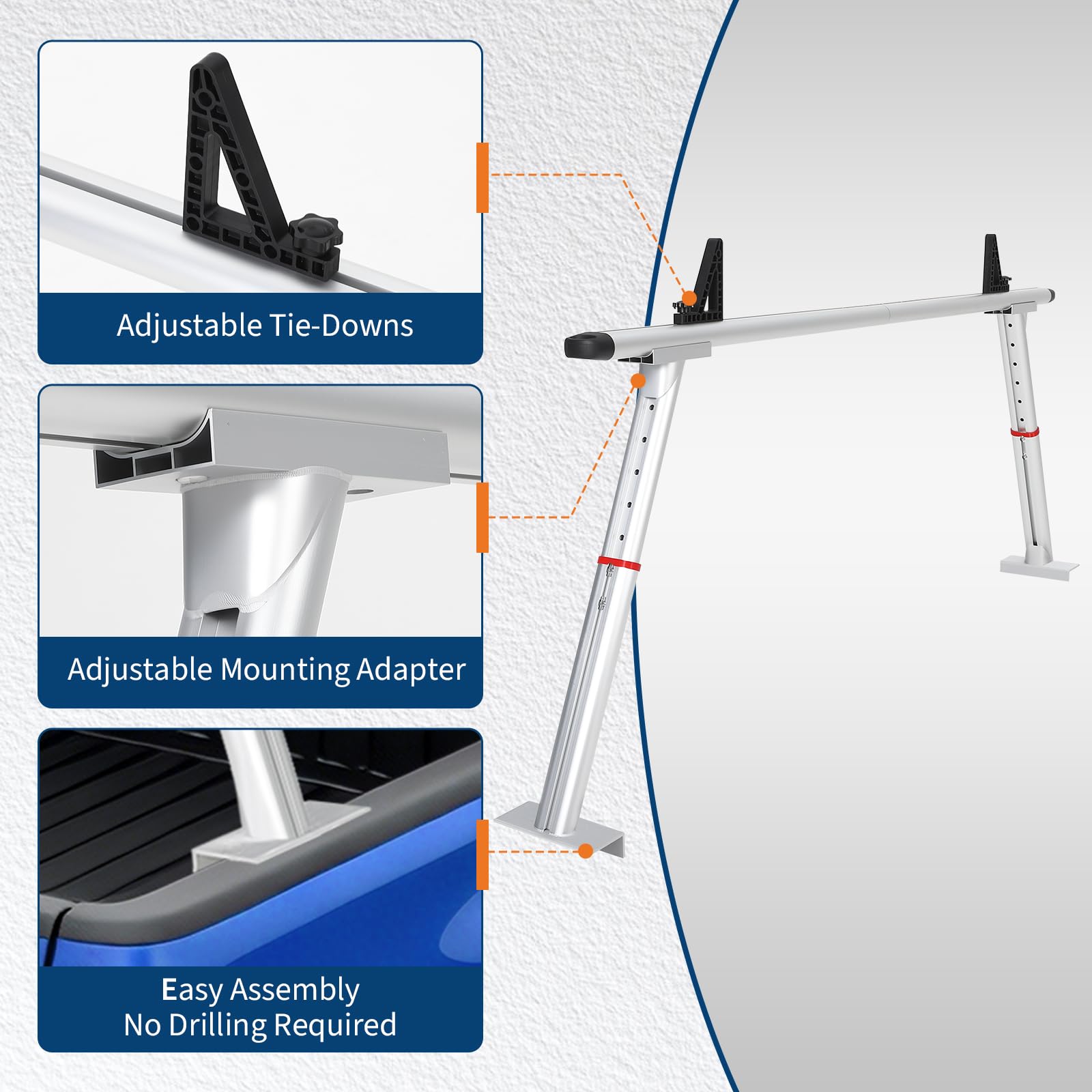 Garvee Adjustable Aluminum Truck Rack 35.4–71", 800 lbs Capacity Two-Bar Ladder Rack with 8 No-Drill C-Clamps, Heavy-Duty Pickup Bed Support for Kayak, Surfboard, Lumber & Ladders - Silver