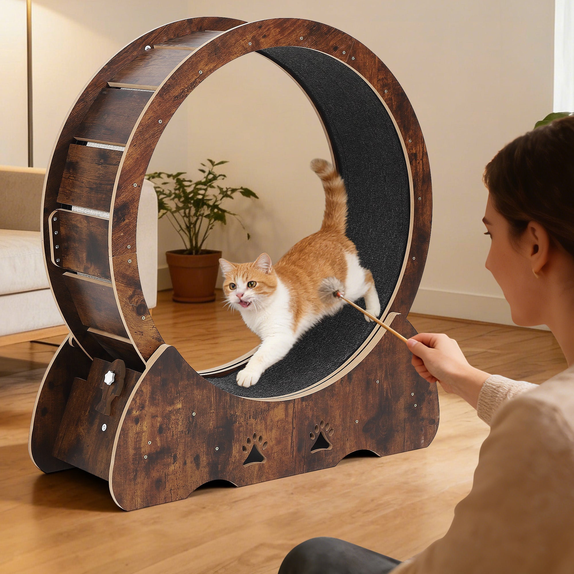 Garvee Low Noise Cat Exercise Wheel – Indoor Wooden Running Treadmill with Removable Carpet Catwalk, Promotes Healthy Activity & Entertainment, Plume Teaser Toy Included – Rust Brown