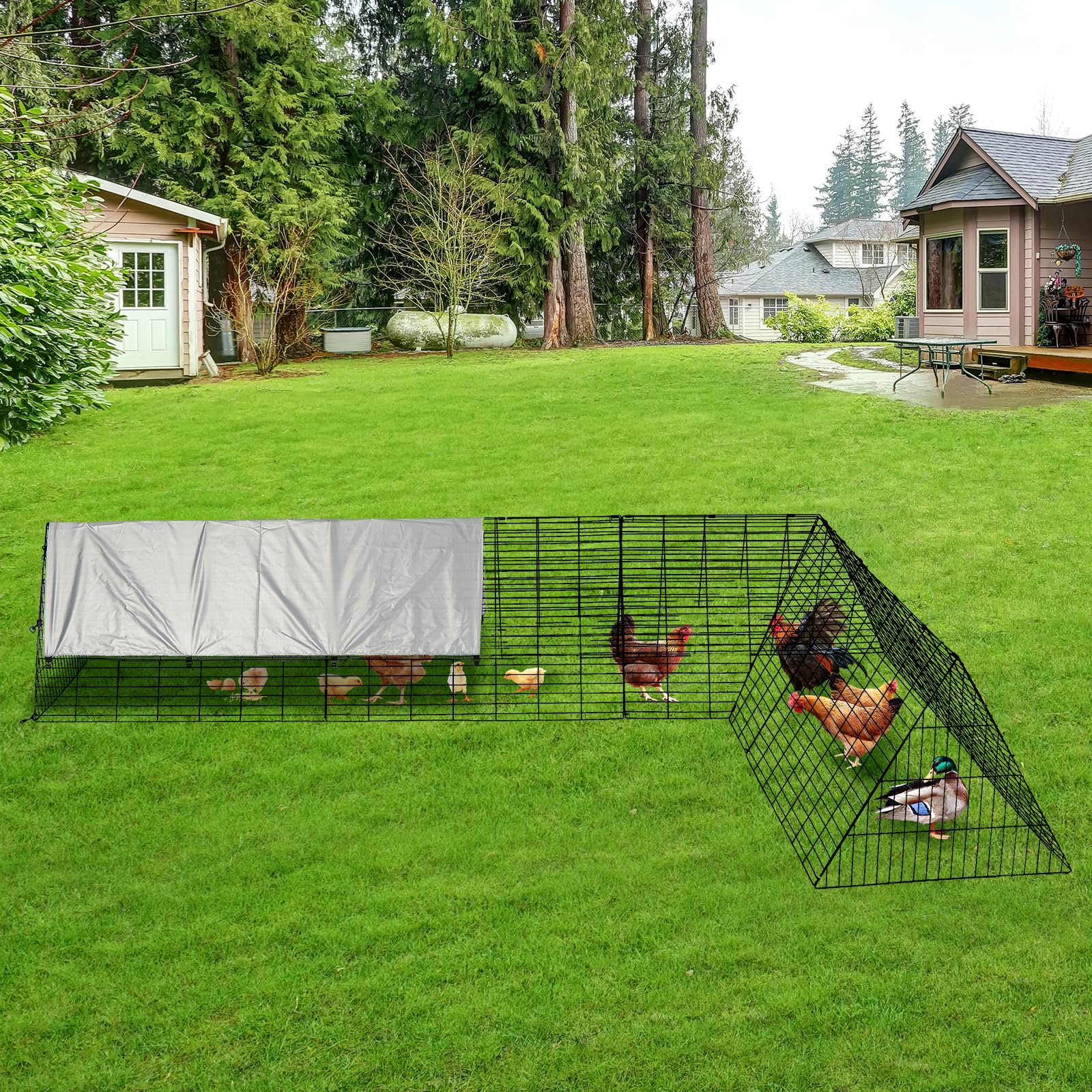 Garvee Large Metal Chicken Coop with Run - Heavy-Duty Outdoor Portable Chicken Tractor with Waterproof Cover, Predator-Proof Poultry Enclosure for Hens, Ducks, Rabbits