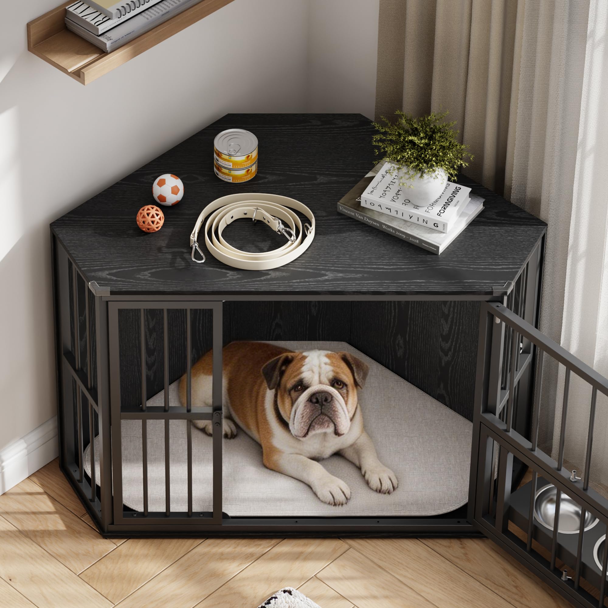 Garvee Space-Saving Corner Dog Crate Furniture – Wooden Indoor Kennel End Table with 360° Rotating Door, Stainless Steel Feeding Bowls, Decorative Design for Small Breeds, Black Relief + Black Iron Frame
