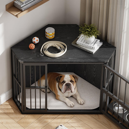 Garvee Space-Saving Corner Dog Crate Furniture – Wooden Indoor Kennel End Table with 360° Rotating Door, Stainless Steel Feeding Bowls, Decorative Design for Small Breeds, Black Relief + Black Iron Frame