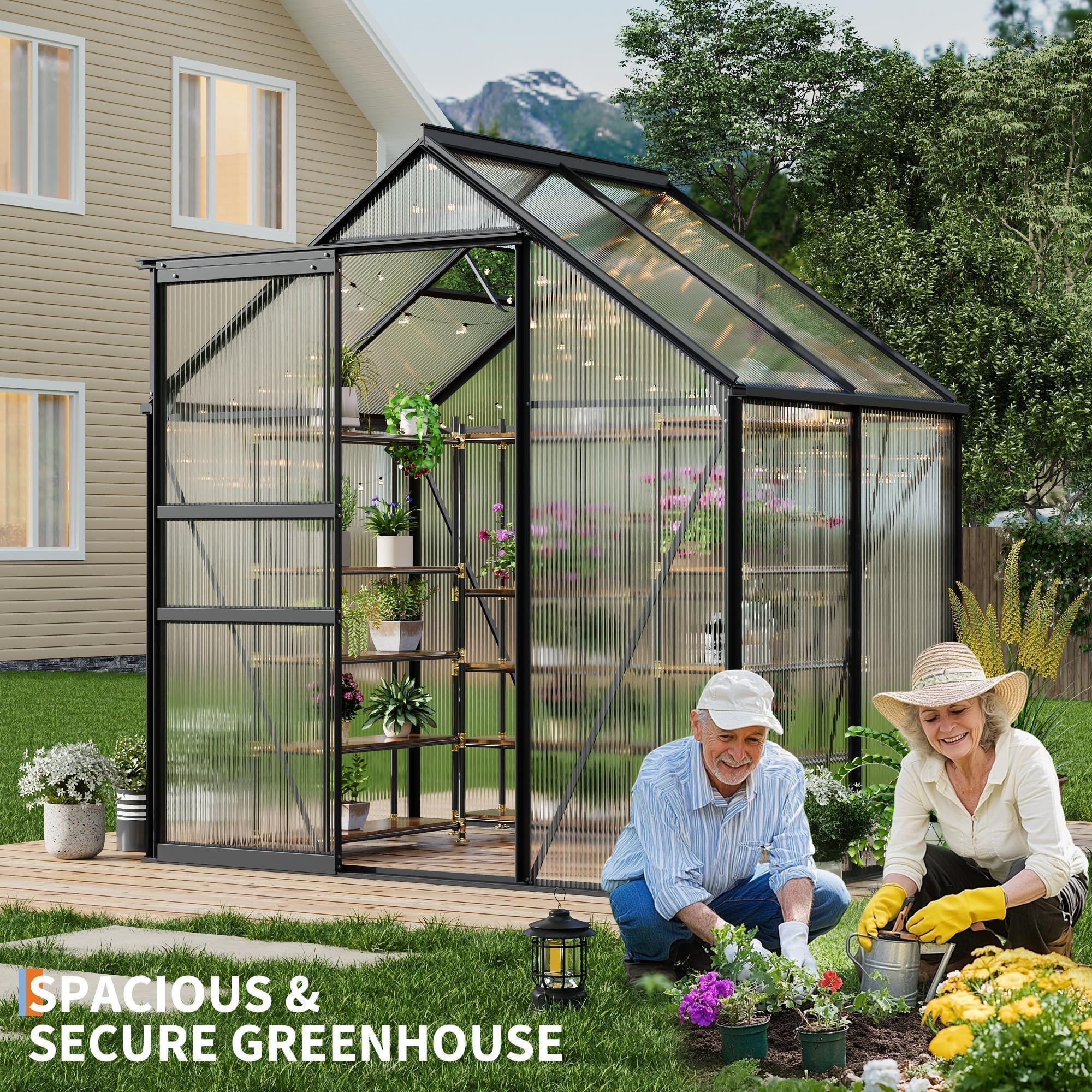 Garvee 6 x 4 FT Polycarbonate Greenhouse with Aluminum Frame, Sliding Door & Adjustable Roof Vent, Heavy-Duty Outdoor Greenhouse for Backyard, Garden, Patio