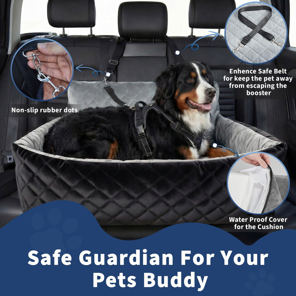 Garvee Extra Large Dog Car Booster Seat with Safety Belt, 3-Side Pet Travel Bed for 2 Medium Dogs, Waterproof & Non-Slip, Car Seat Cover for Truck SUV Sedan, Gray