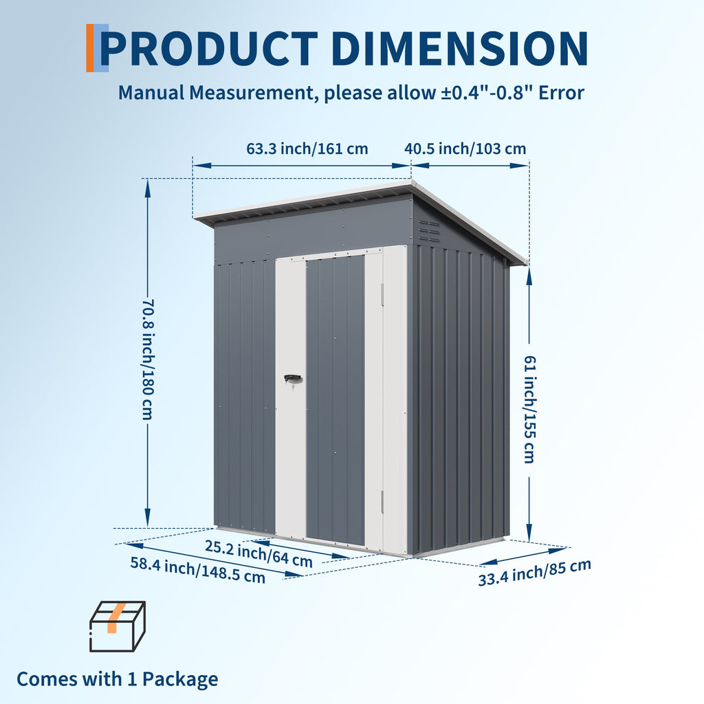 Garvee 5x3 FT Weather-Resistant Outdoor Metal Storage Outdoor Storage Unit – Lockable Doors, Vents & Spacious Backyard Organizer – Garden Tool, Lawn Equipment, Bike & Pool Supplies – Gray Color