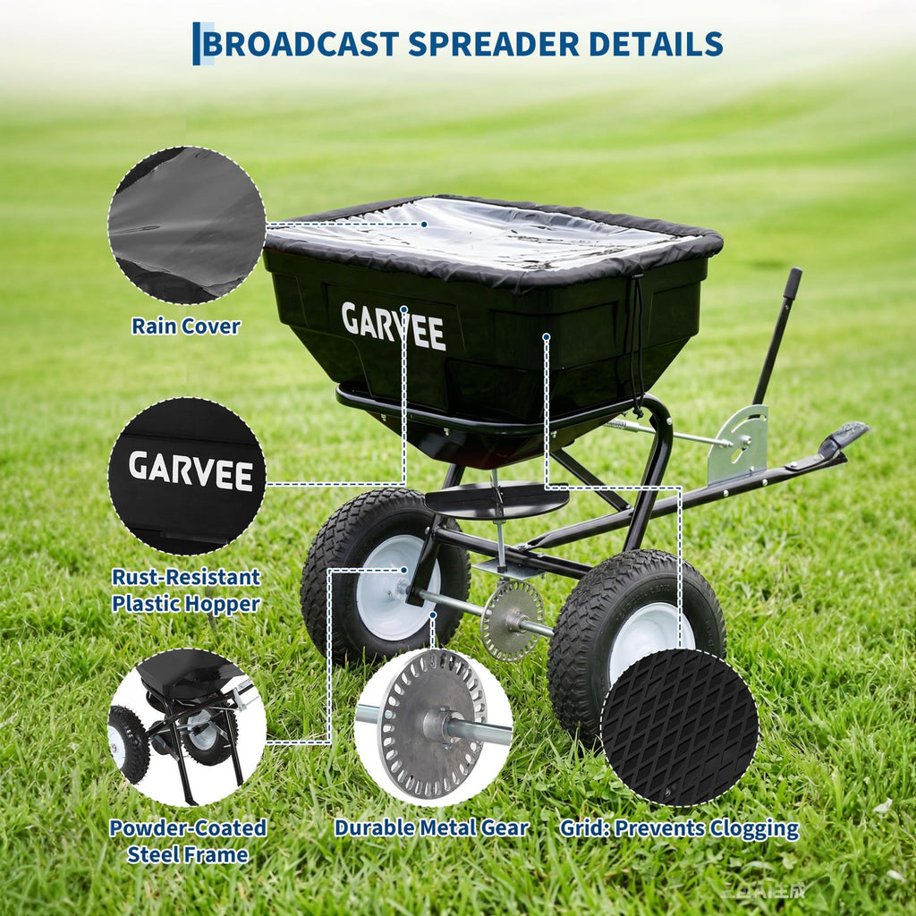 Garvee 130 lb Tow-Behind Broadcast Spreader, Heavy-Duty Lawn & Garden Spreader with 0–12 ft Coverage, Universal Hitch, 13" Pneumatic Tires & 20-Level Flow Control for ATV, UTV & Riding Mower, Black