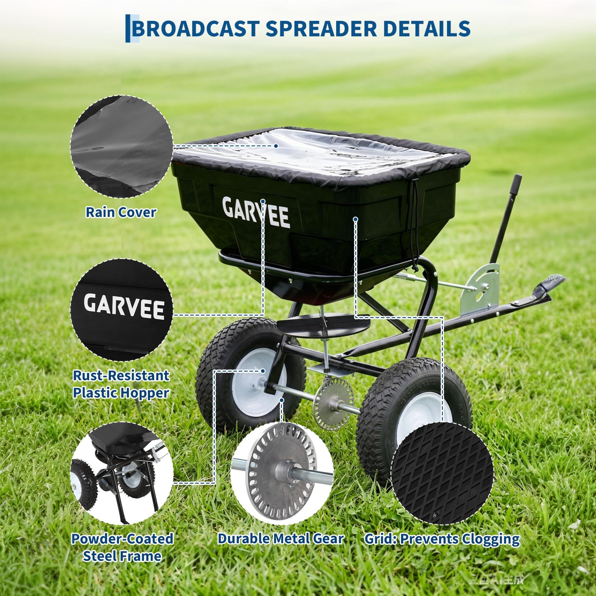 Garvee 130 lb Tow-Behind Broadcast Spreader, Heavy-Duty Lawn & Garden Spreader with 0–12 ft Coverage, Universal Hitch, 13" Pneumatic Tires & 20-Level Flow Control for ATV, UTV & Riding Mower, Black