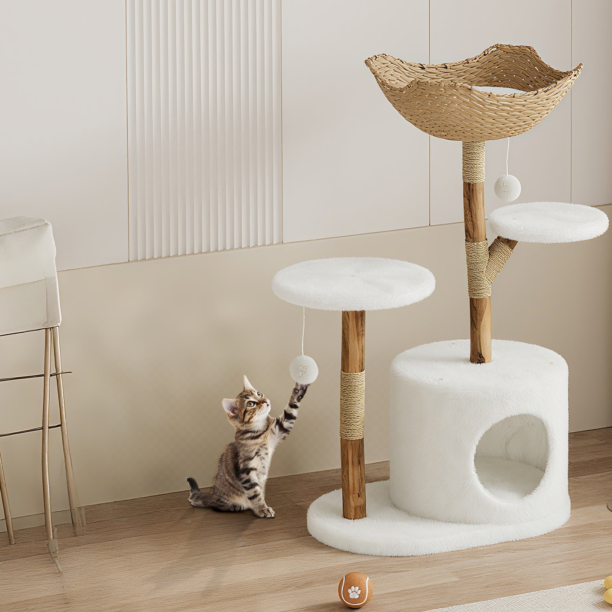 Garvee 46" Modern Cat Tree for Large Cats, Real Solid Wood Branch Luxury Cat Condo with Scratching Post and Cat Bed, Boho Aesthetic Luxury Pet Furniture