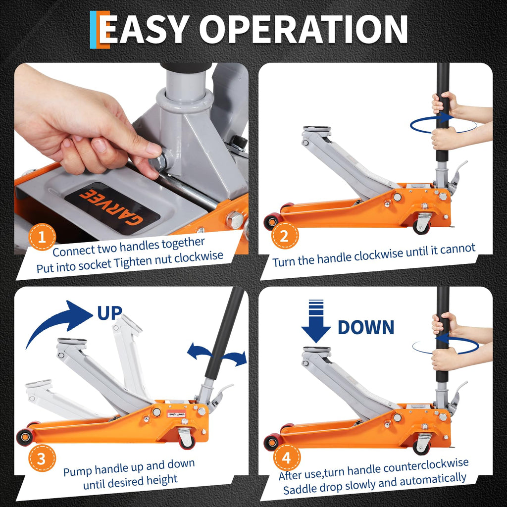 Garvee 3 Ton (6000 lbs) Low-Profile Hydraulic Racing Floor Jack - Dual Piston Quick Lift Pump, Heavy-Duty Steel, 2.95"-16.54" Lifting Range for Car, SUV, Truck, Garage, Orange