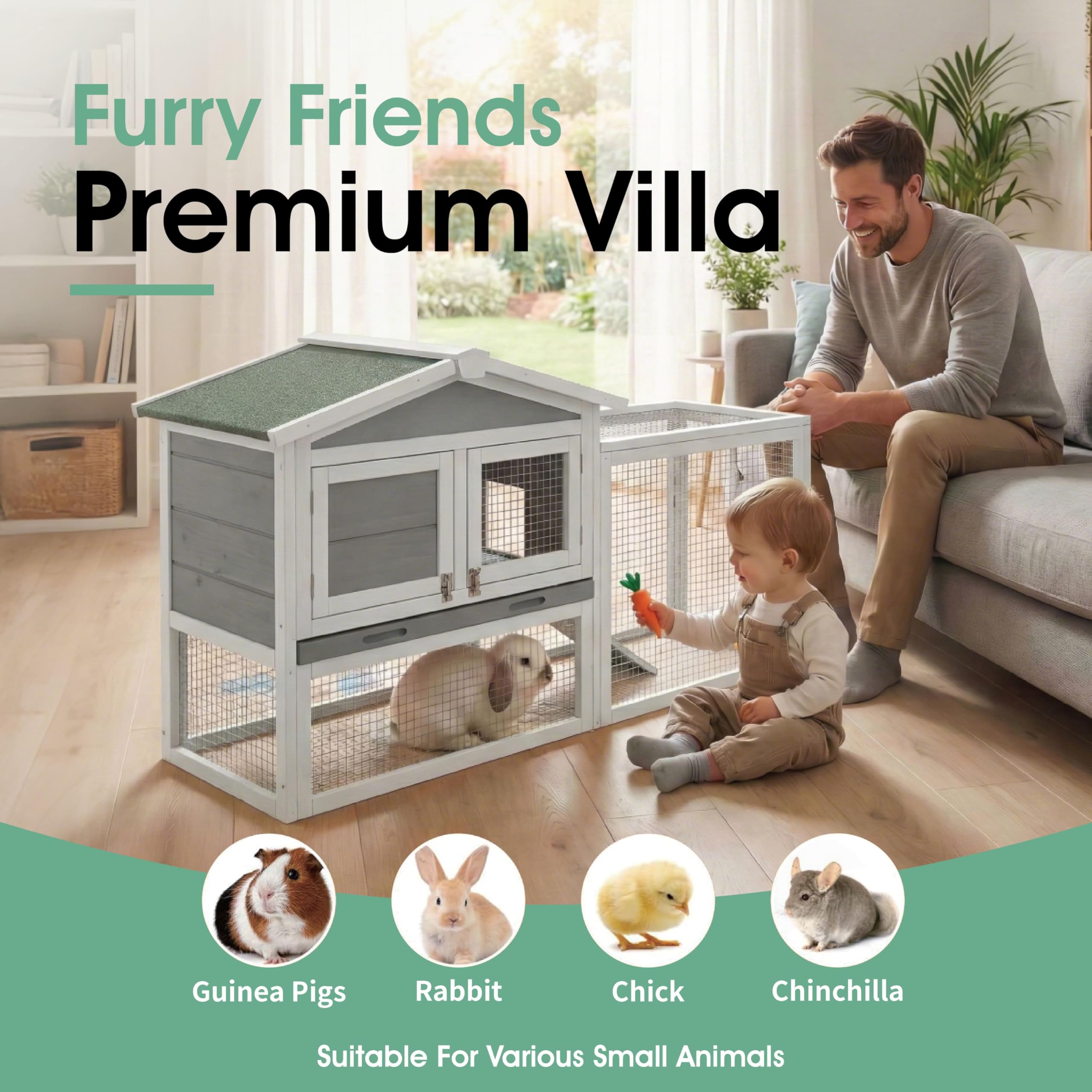 Garvee Large 2-Story Wooden Small Animal Cage for Rabbits, Guinea Pigs & Chickens - Weatherproof Indoor Outdoor Hutch with Anti-Chew Metal Frame, Removable Wire Netting, Leak-Proof Pull-Out Tray, Gray