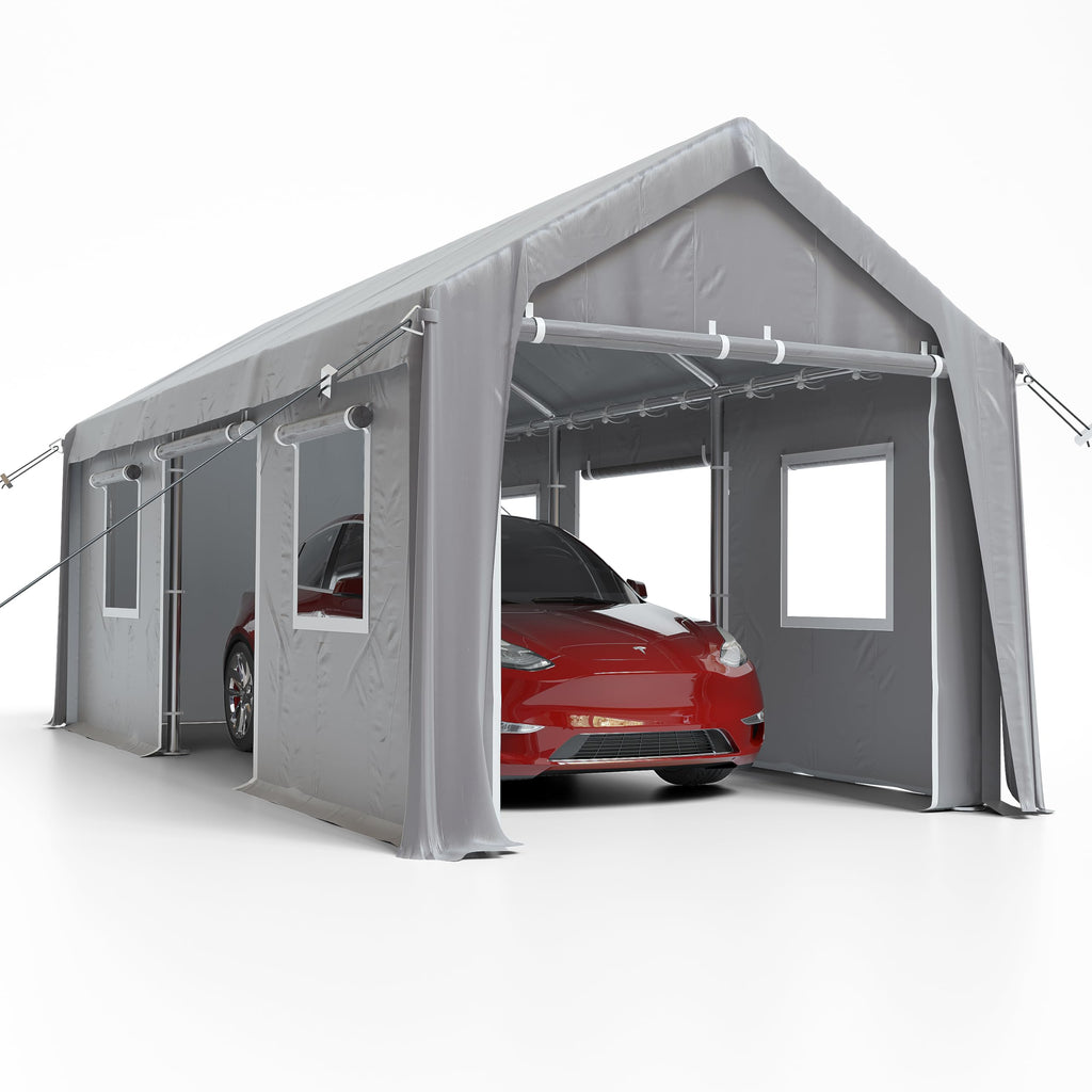 Garvee 10 x 20 FT Carport Zipper Door Replacement, 160G Triple-Layer PE Roll-Up Entrance Cover with UV & Water Resistance, 32 Ball Bungees, Gray, Frame Not Included