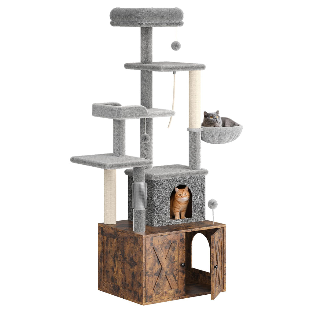 Garvee Litter Box Enclosure with Cat Tree, 2 in-1 Modern Cat Tower, Hidden Washroom Furniture, Wood Cat Condo with Scratching Post and Hammock, Indoor Pet Furniture with Multiple Platform, Retro Brown