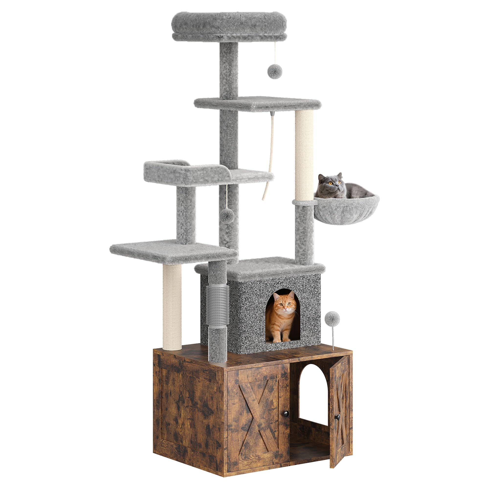 Garvee Litter Box Enclosure with Cat Tree, 2 in-1 Modern Cat Tower, Hidden Washroom Furniture, Wood Cat Condo with Scratching Post and Hammock, Indoor Pet Furniture with Multiple Platform, Retro Brown