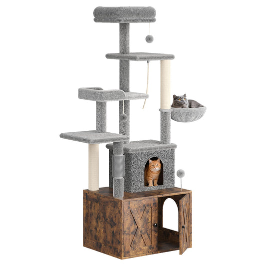 Garvee Litter Box Enclosure with Cat Tree, 2 in-1 Modern Cat Tower, Hidden Washroom Furniture, Wood Cat Condo with Scratching Post and Hammock, Indoor Pet Furniture with Multiple Platform, Retro Brown