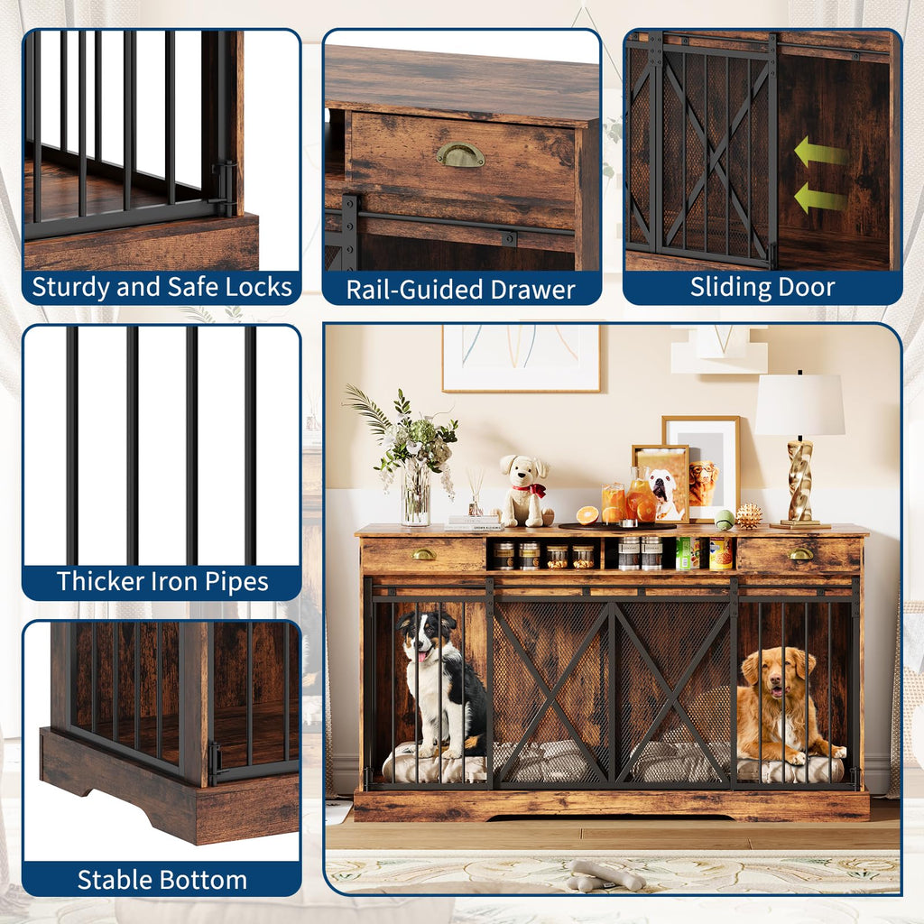 Garvee Heavy Duty Double Dog Crate Furniture for 2 Dogs – Extra Large Wooden Kennel, Removable Divider, Lockable Sliding Doors, Drawers & Shelves, Indoor Pet Cage TV Stand – Black, 63 Inch