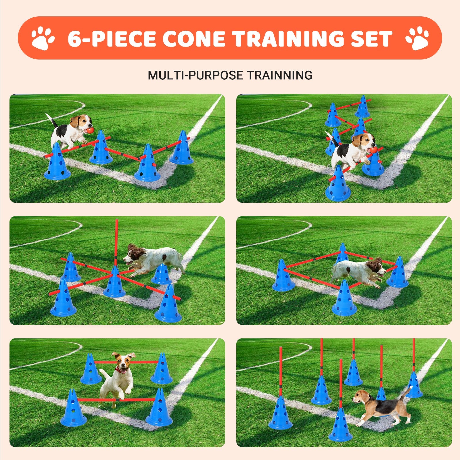 Garvee Dog Agile Hurdle Cone Set, Dog Agile Training Equipment 4-Height Adjustable Obstacle with Storage Bag, for Beginners & Advanced, Puppy Agile Training Hurdle 12 Cones & 6 Agile Rods Combo