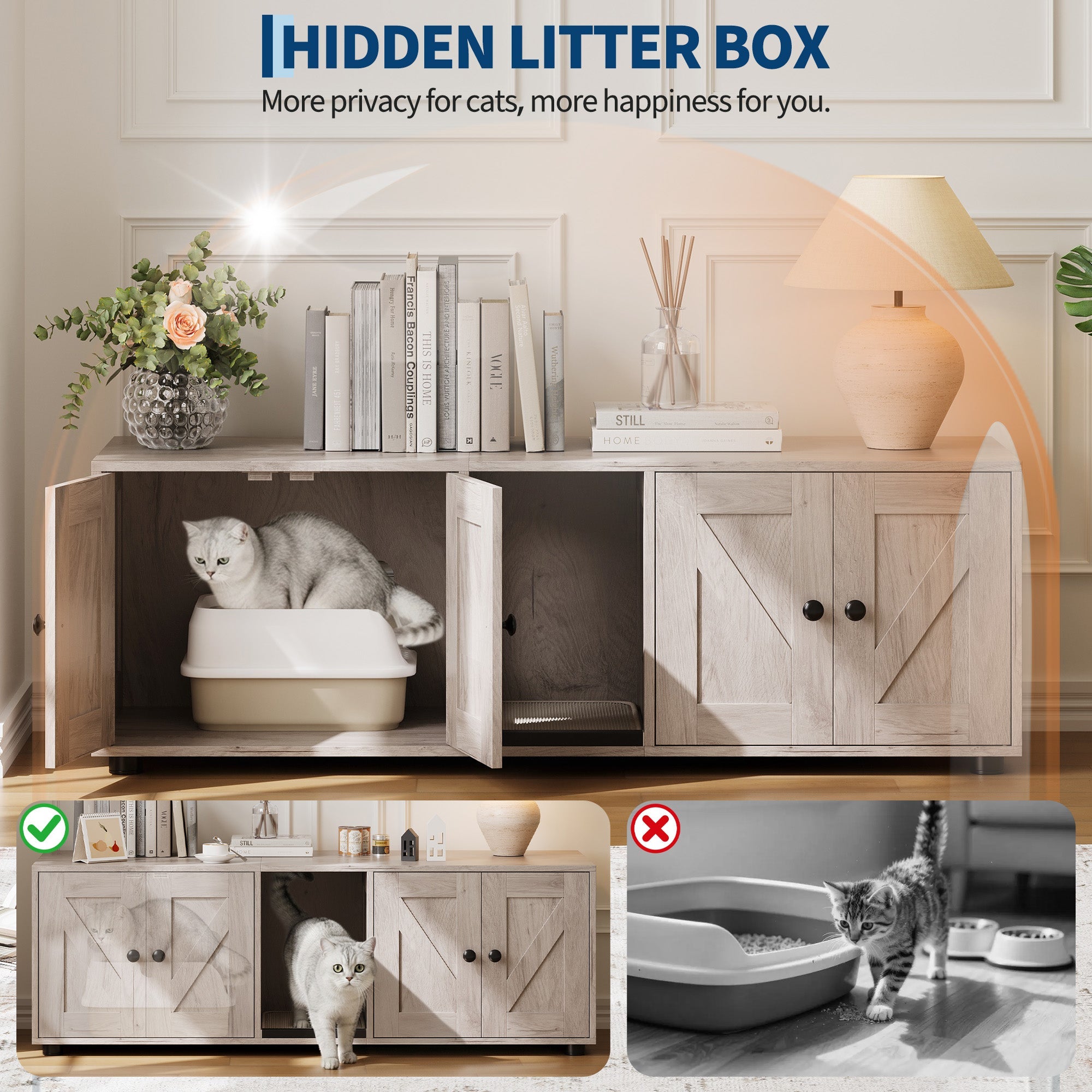 Garvee Cat Litter Box Enclosure for 2 Cats, Hidden Litter Box Furniture Cabinet with Double Room, Double Cat Litter Box Enclosure, Indoor Cat House, 43.4 x 18.1 x 17.7 Inches