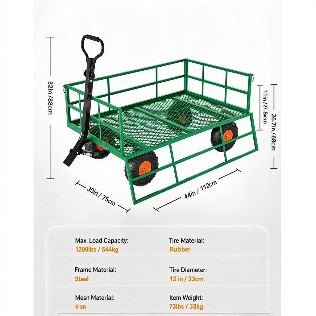 Garvee Steel Garden Cart for Lawn and Farm Use, 1200 lbs Capacity with 13-Inch Pneumatic Wheels and 2-in-1 Pull Handle, Green and Orange