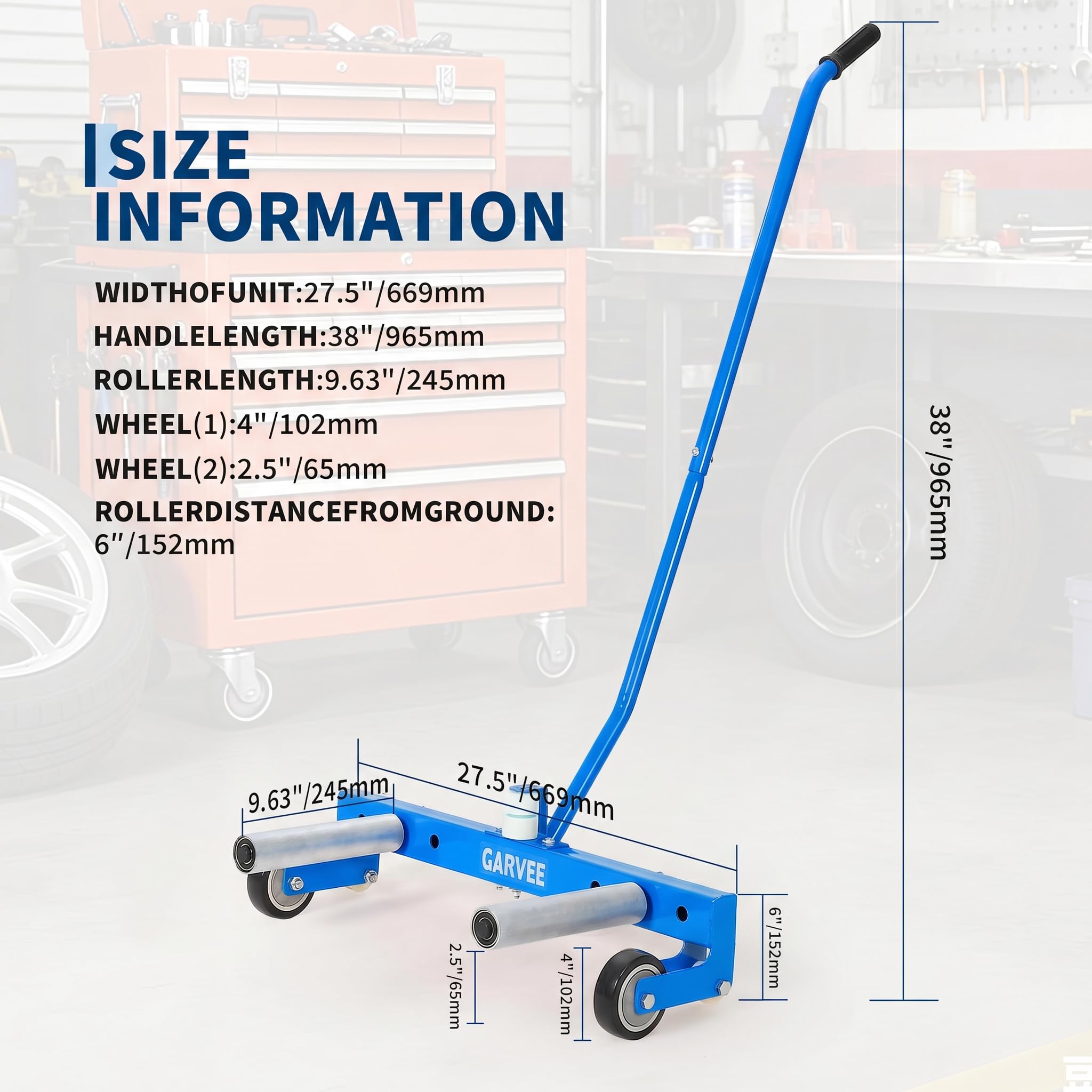 Garvee Heavy Duty Adjustable Tire Wheel Dolly – 330lbs Capacity, 23.5"-43.5" Width, 8in 360° Rollers – For Semi Truck, Large Vehicle, SUV, ATV, RV, Trailer – Material Handling – Blue