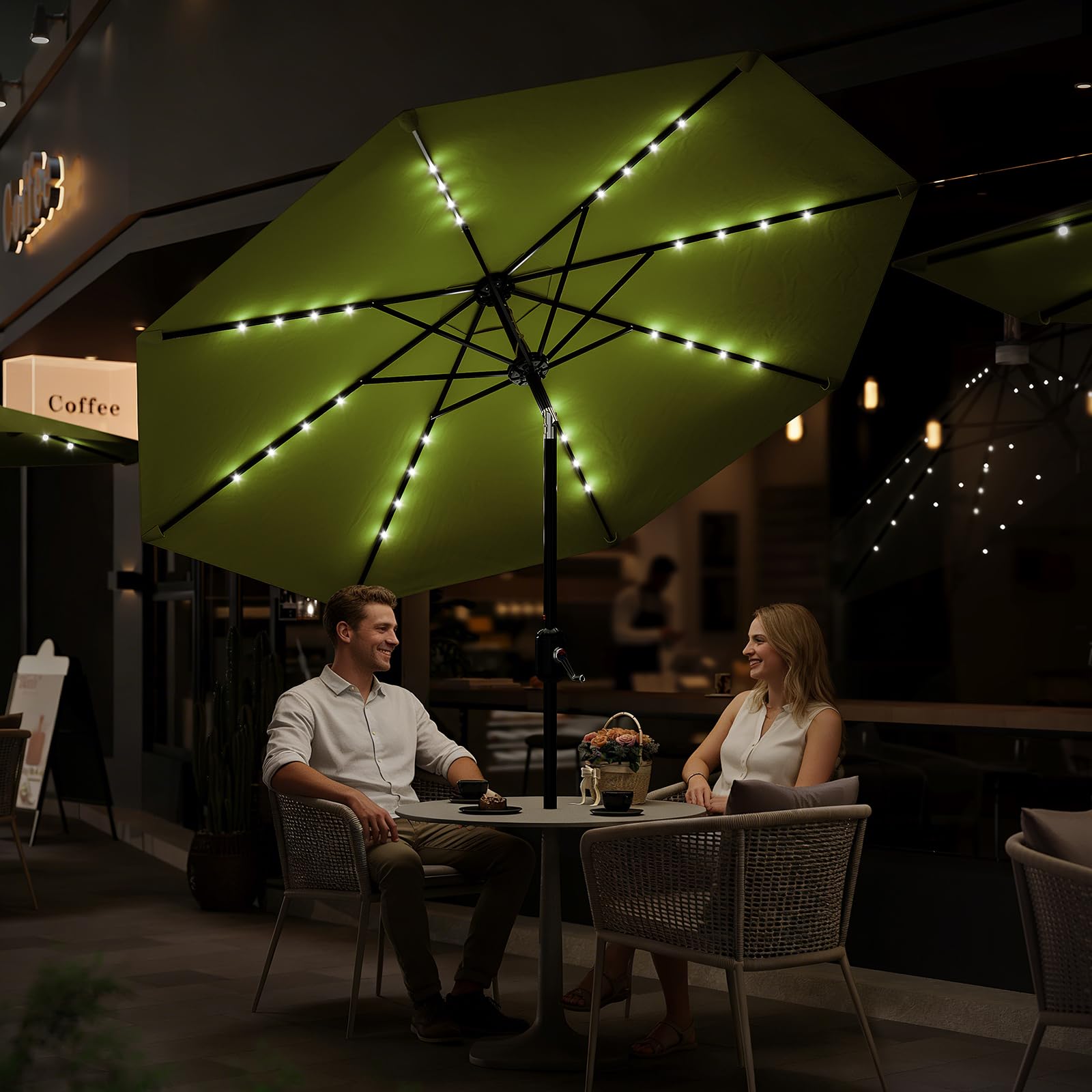 Garvee 10 FT Patio Umbrella with Solar Lights, Outdoor Table Umbrella with 8 Durable Ribs, Tilt & Crank Mechanism, Waterproof & UV Protection for Garden, Backyard, Poolside, Green