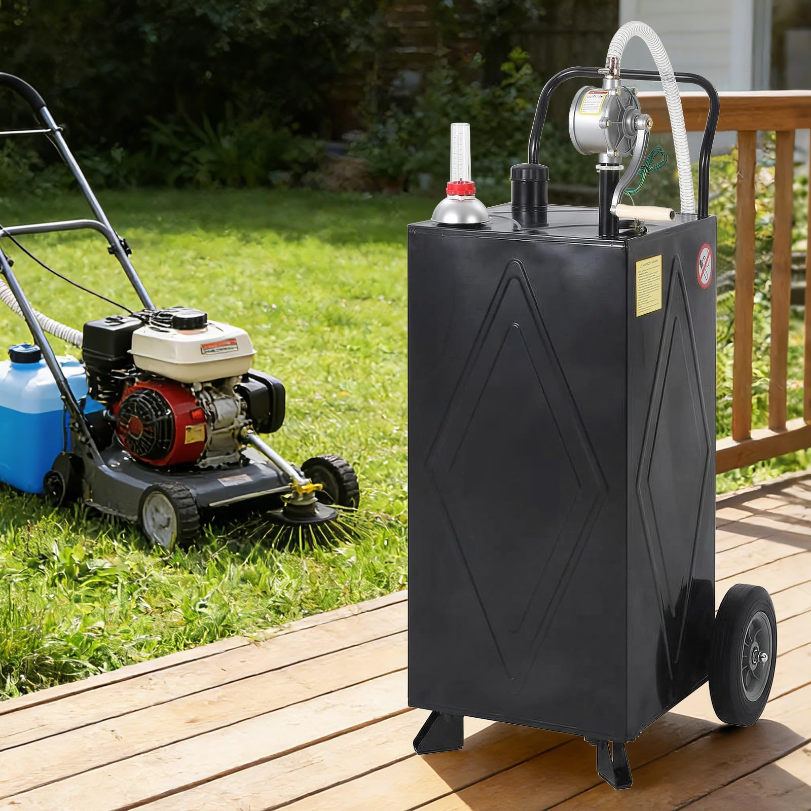 Garvee 35 Gallon Portable Fuel Gas Caddy Storage Tank – Reinforced 2-Wheel, 2-Support Design, Manual Rotary Pump, Fuel Hose, Wide Fill Neck, Level Gauge, Grounding Clamp – Mobile Gasoline/Fuel Transfer for ATV, Tractor, Lawn Mower, Car, Boat – Reinforced