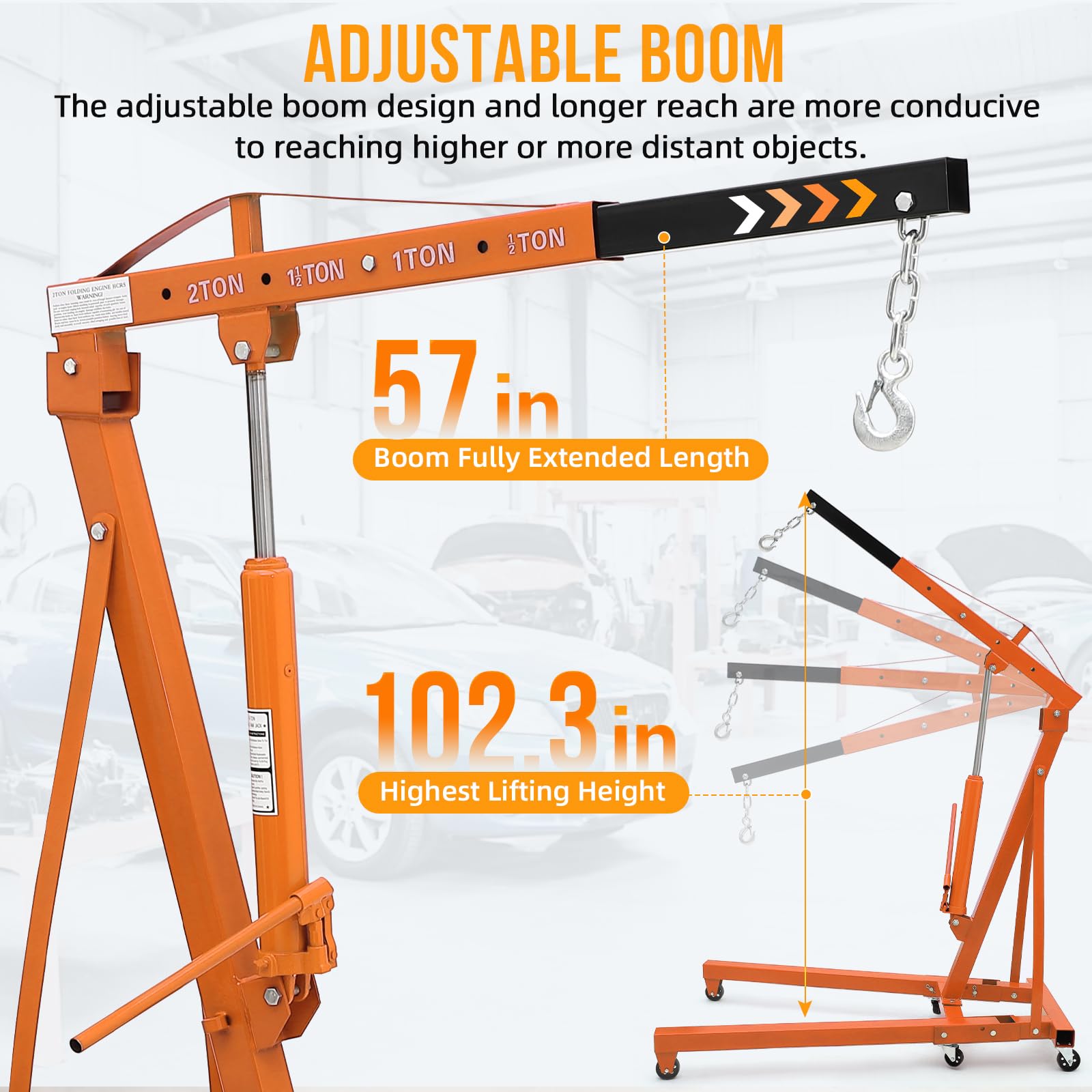 Garvee 2 Ton Engine Hoist, Hydraulic Cherry Picker Crane, Heavy-Duty Folding Shop Crane with 6 Casters, Engine Lift for Garage and Workshop, Orange