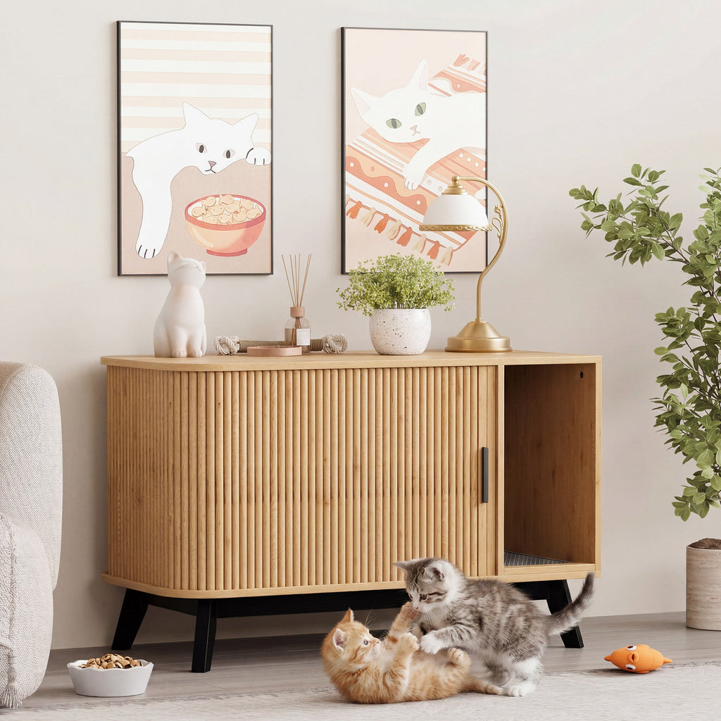 Garvee Modern Hidden Cat Litter Box Furniture – 39" Cat House Side Table with Sliding Door, Litter Mat, Multi-Functional Pet Enclosure for Living Room – Natural Wood Color