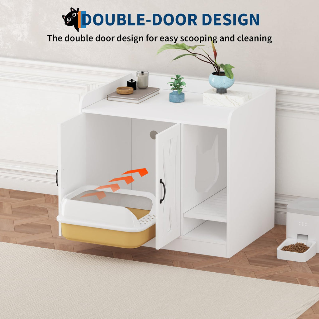 Garvee Cat Litter Box Enclosure, Hidden Litter Box Furniture with Divider, Indoor Cat House, Wooden Cat Washroom Storage Cabinet Bench, Side End Table Nightstand, 33.07"L × 23.62"W × 23.92"H, White