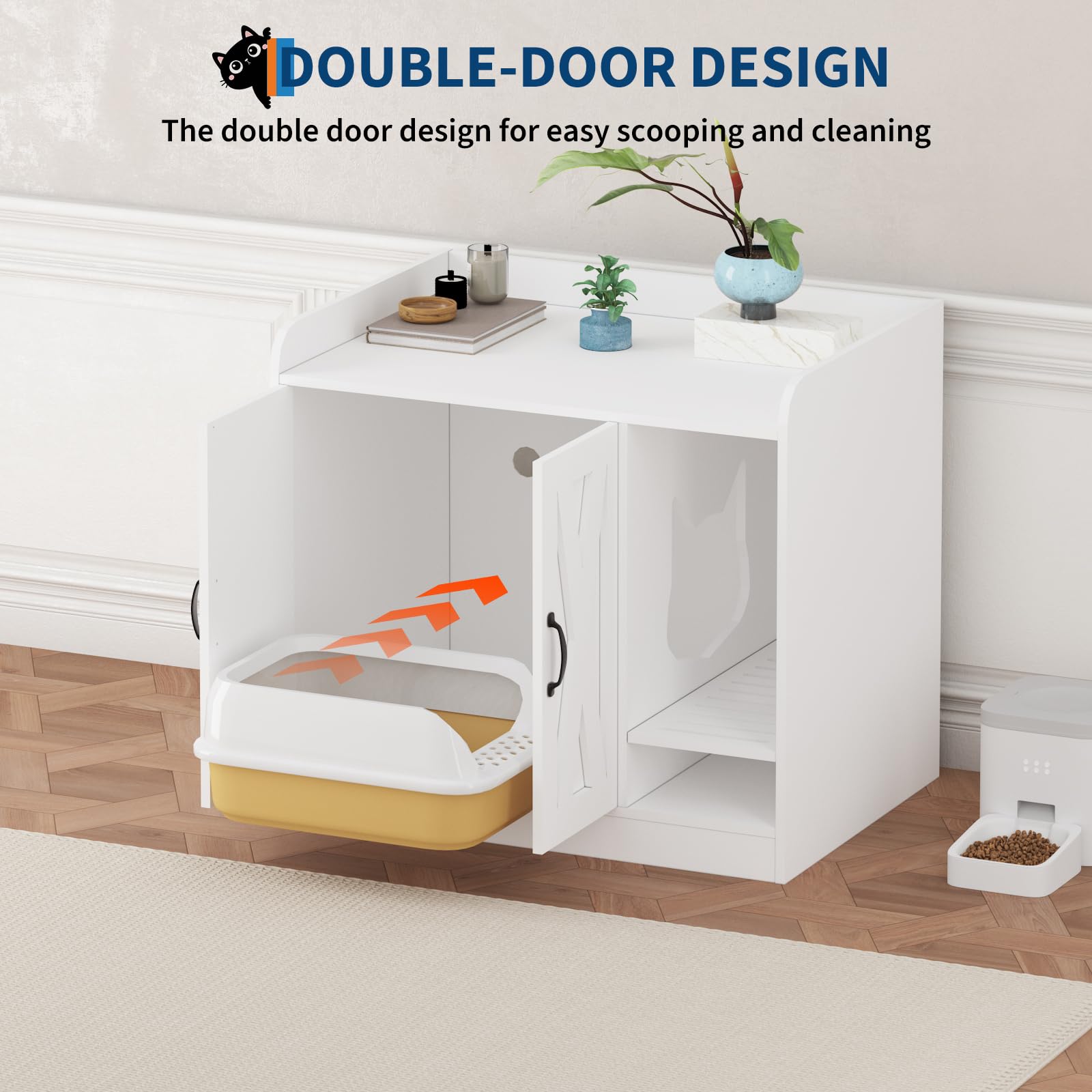 Garvee Cat Litter Box Enclosure, Hidden Litter Box Furniture with Divider, Indoor Cat House, Wooden Cat Washroom Storage Cabinet Bench, Side End Table Nightstand, 33.07"L × 23.62"W × 23.92"H, White