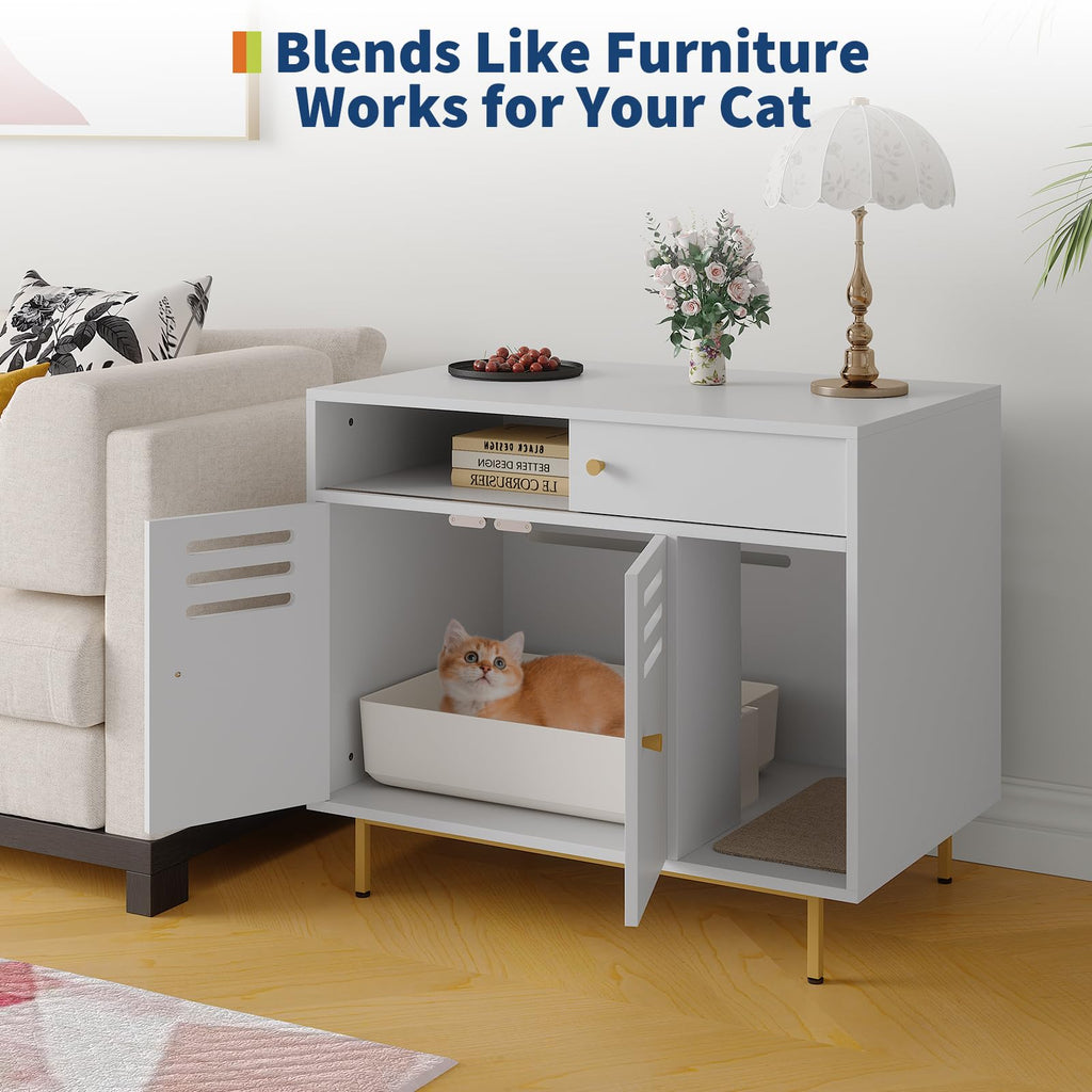 Garvee Modern Cat Litter Box Enclosure Furniture – Hidden Storage, Barn Door, Drawers & Shelves, Ventilated, Dog Proof, Cat Washroom Side Table – Fits Most Litter Boxes – White