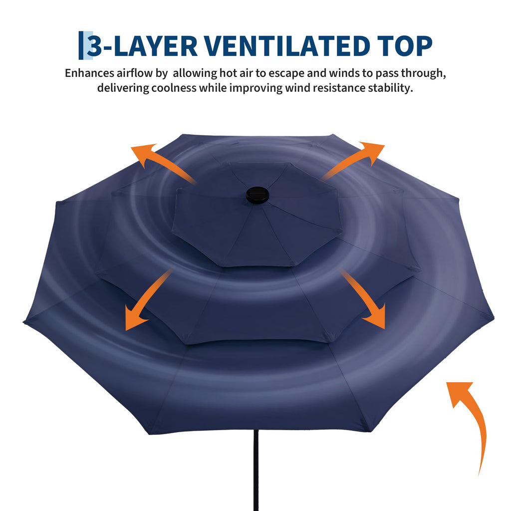 Garvee 10 FT Solar Patio Umbrella, 3-Tier Vented Canopy with 24 LED Lights, 8-Rib Steel Frame, Crank Tilt Outdoor Umbrella for Backyard, Pool & Deck, Blue