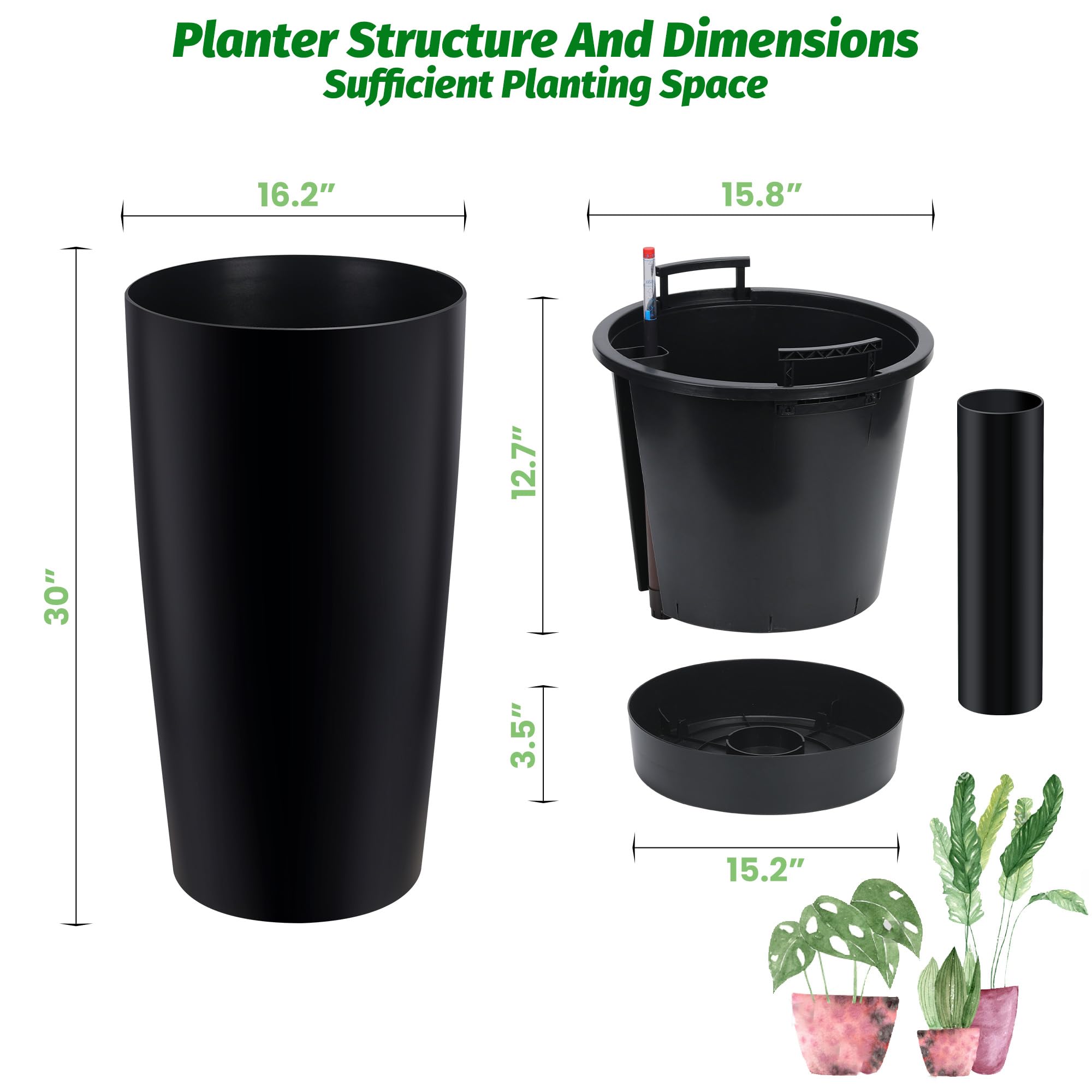 Garvee Tall Planters for Front Porch & Patio, 2-Pack 30 in Self-Watering Pots with Drainage Holes, Water-Level Monitors and Inner Buckets, Black