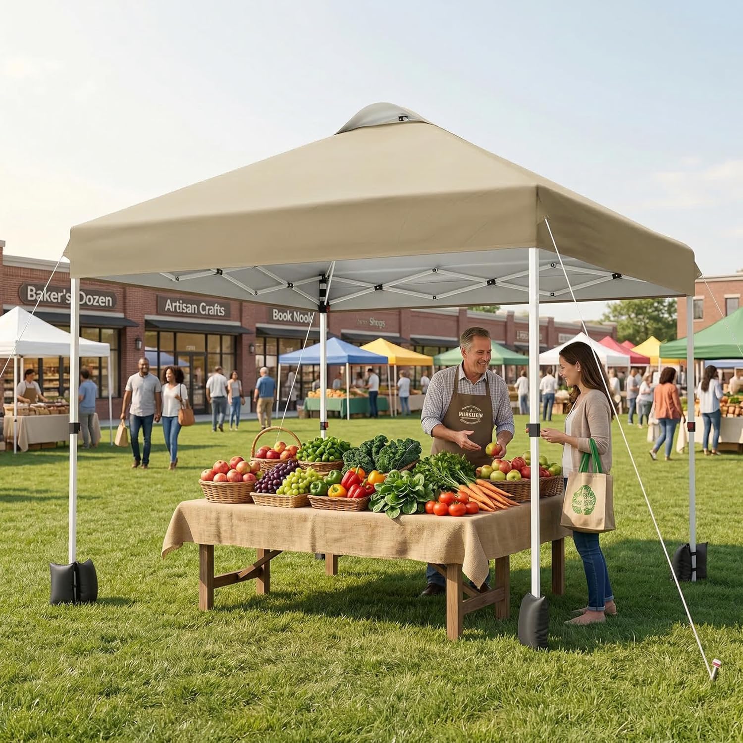 Garvee 10x10 Pop Up Canopy Tent with Sidewall, Instant Outdoor Canopy Shelter with Vented Roof, One Push Easy Setup Gazebo Includes Wheeled Storage Bag, Sandbags, Stakes & Ropes for Camping, Picnic & Backyard, Khaki