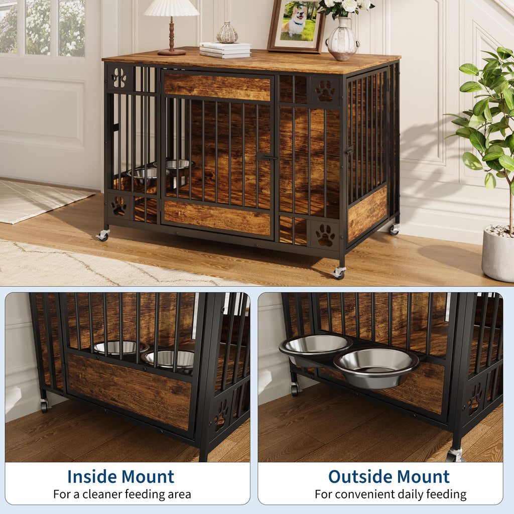 Garvee Modern Triple Door Dog Crate Furniture – 41" Heavy Duty Wooden Kennel with Feeding Bowls & Wheels – End Table Pet Cage for Medium & Large Dogs – Antique Brown