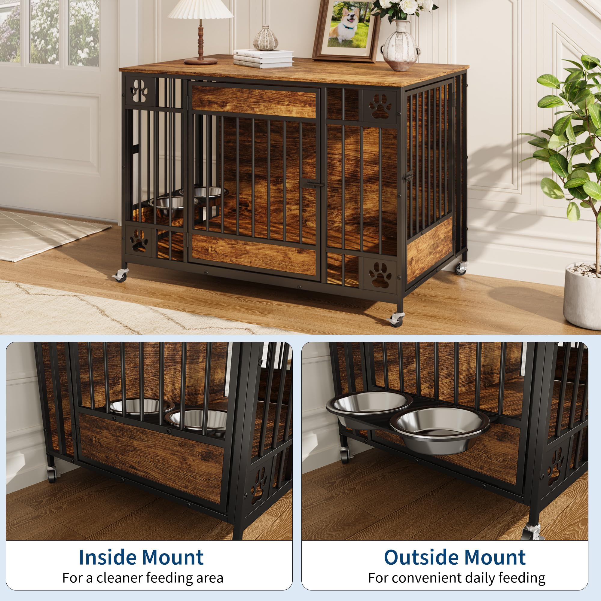 Garvee Modern Triple Door Dog Crate Furniture – 41" Heavy Duty Wooden Kennel with Feeding Bowls & Wheels – End Table Pet Cage for Medium & Large Dogs – Antique Brown