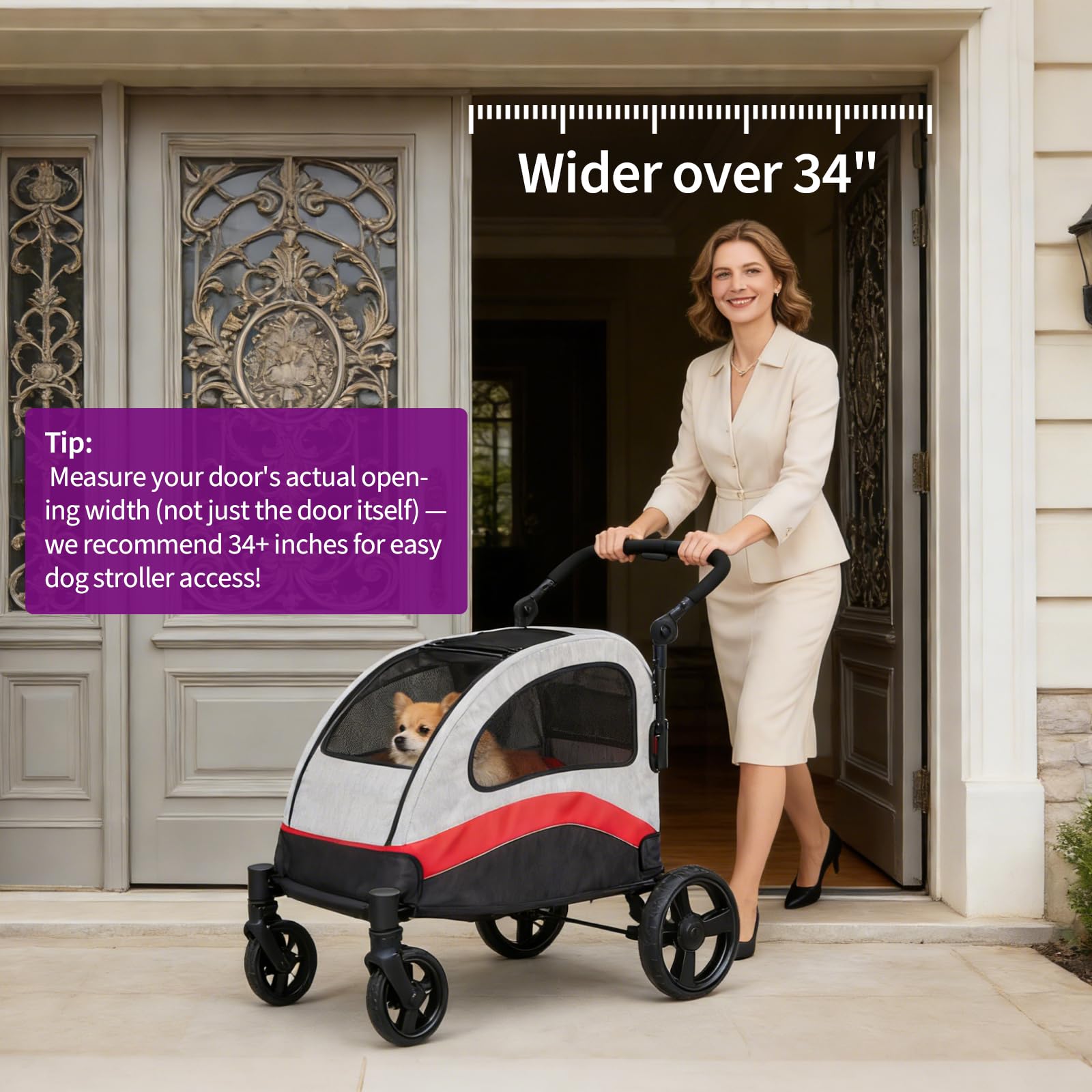 Garvee Foldable Dog Stroller, Large Dog Carrier with 360° Wheels, Adjustable Handle & Storage Pocket, Portable Puppy Travel Strollers, Pet Wagon for Large Dogs, 135 Lbs Capacity, Red