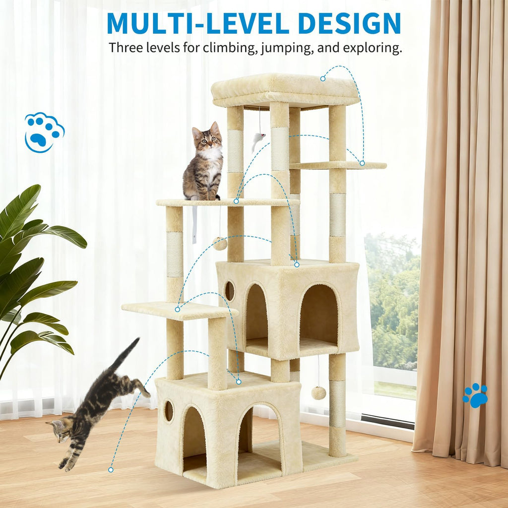 Garvee 61" Multi-Level Cat Tree for Indoor Cats, Heavy-Duty Tower for Large Adult & Maine Coon Cats with Oversized Perch, Dual Condos, Natural Sisal Scratching Posts & Play Toys – Beige