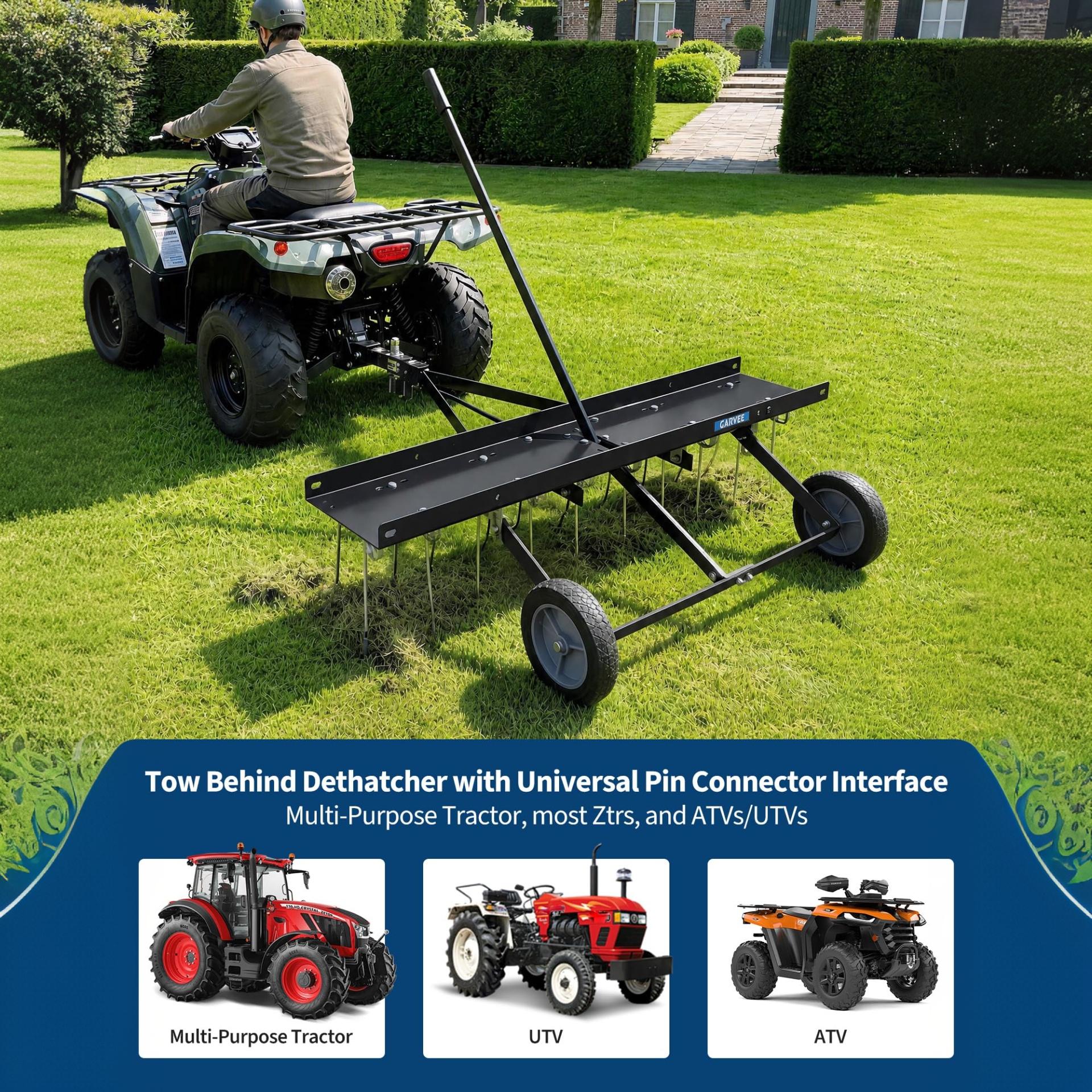 Garvee 48" Tow Behind Lawn Dethatcher, 24 Spring Steel Tines with 330 lb Ballast Tray for Large Yards