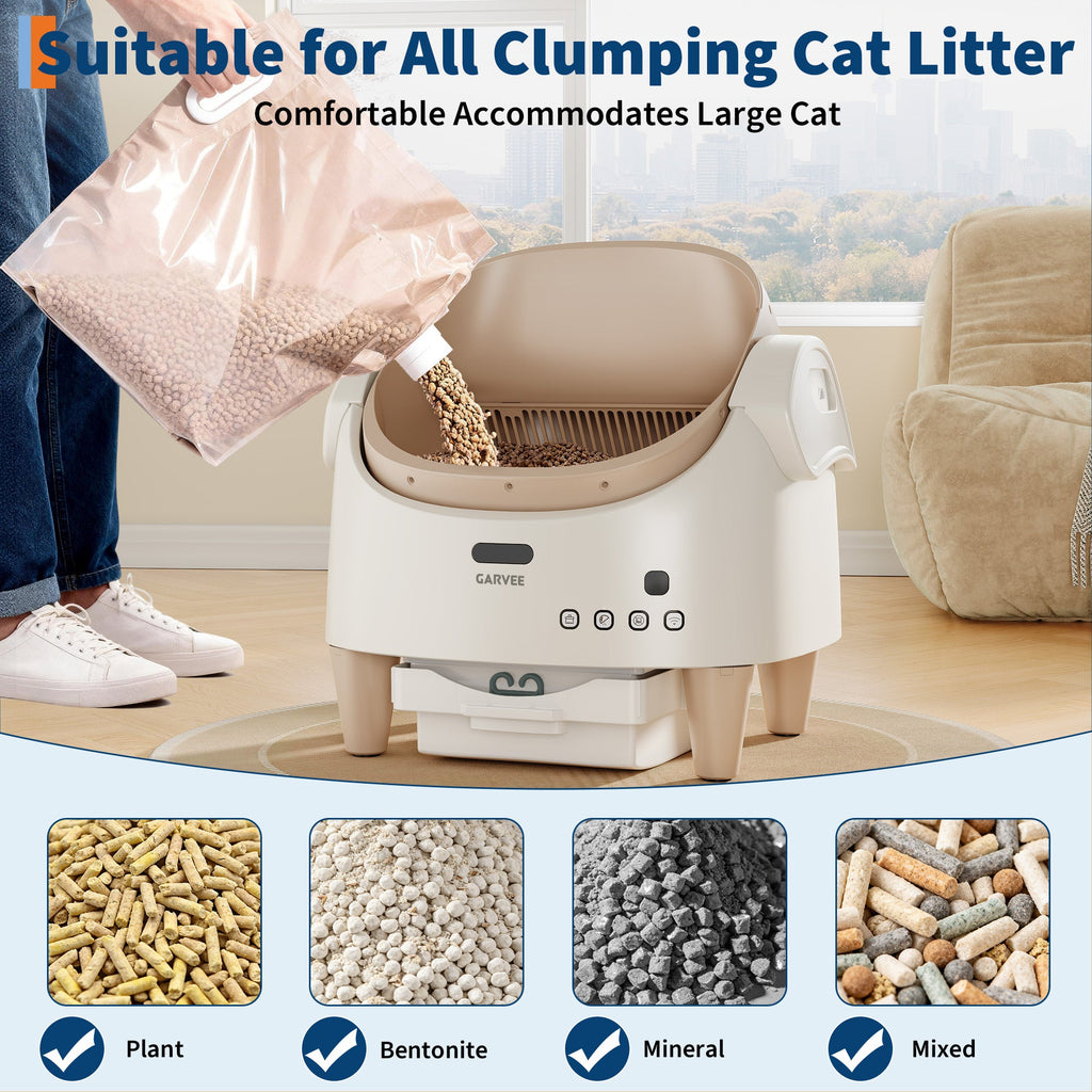 Garvee Smart Self Cleaning Cat Litter Box with App Control, Automatic Odor-Free Cat Toilet with Large Waste Bin and Disposable Bags, Open Top Design for Single or Multi Cat Households, Coffee