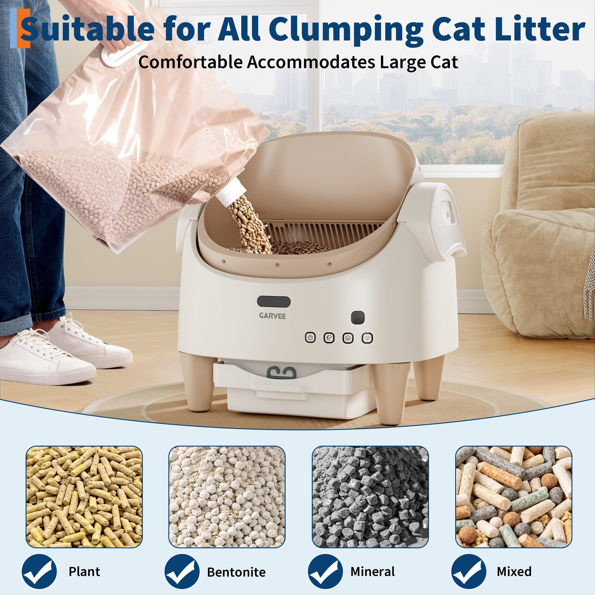 Garvee Smart Self Cleaning Cat Litter Box with App Control, Automatic Odor-Free Cat Toilet with Large Waste Bin and Disposable Bags, Open Top Design for Single or Multi Cat Households, Coffee